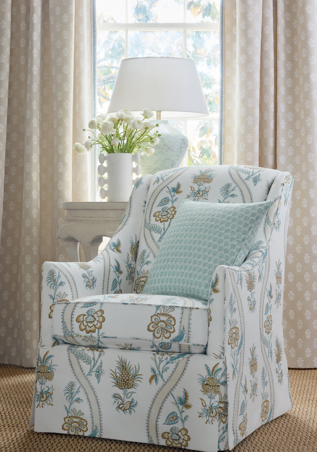 Chair featuring Ribbon Floral fabric in beige and spa blue color - pattern number F936425 - by Thibaut in the Indienne collection