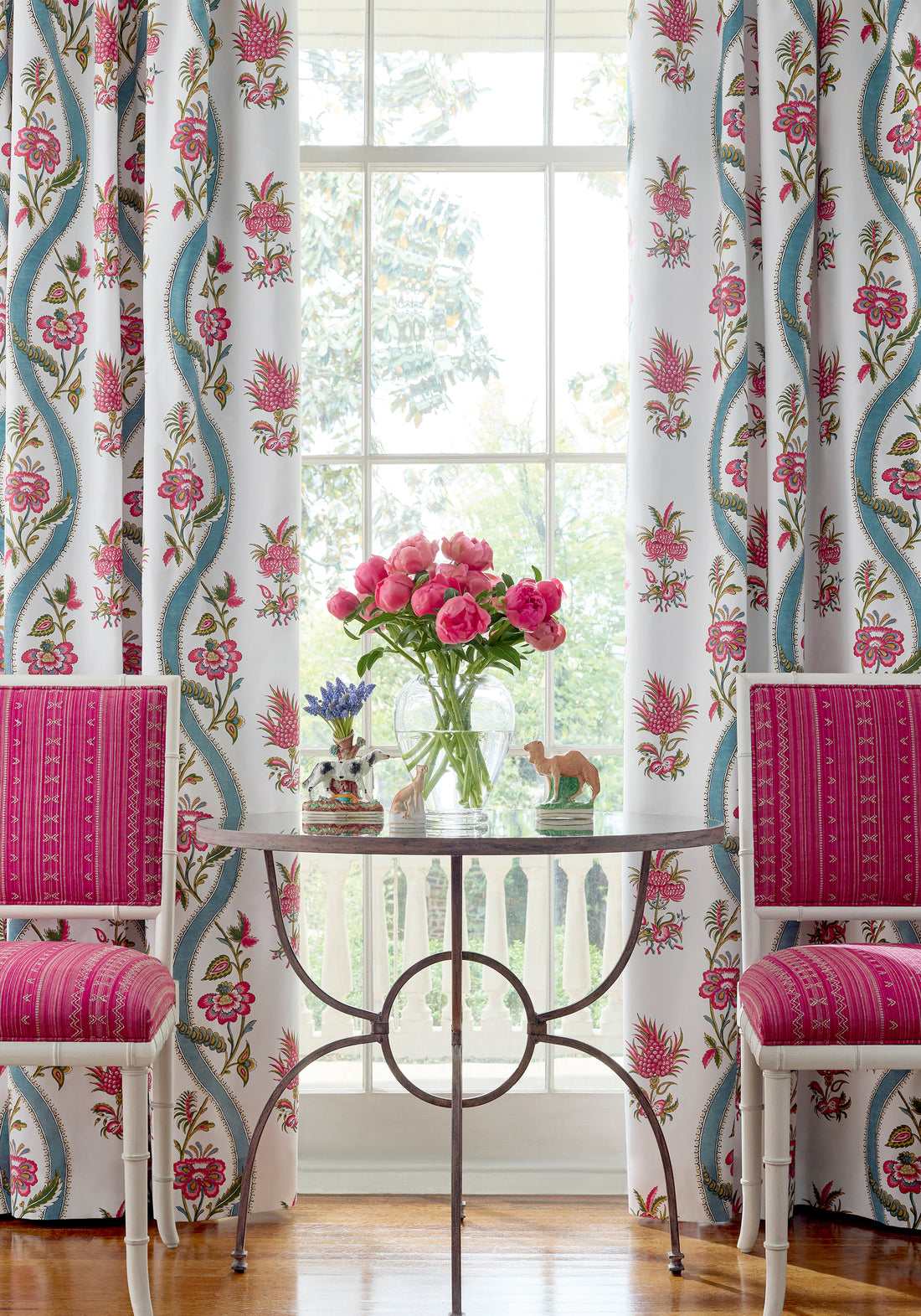Curtains featuring Ribbon Floral fabric in raspberry and teal color - pattern number F936426 - by Thibaut in the Indienne collection