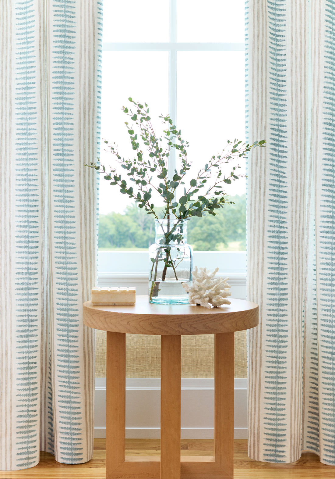 Curtain in Indo Stripe fabric in seaglass color - pattern number F981315 - by Thibaut in the Montecito collection