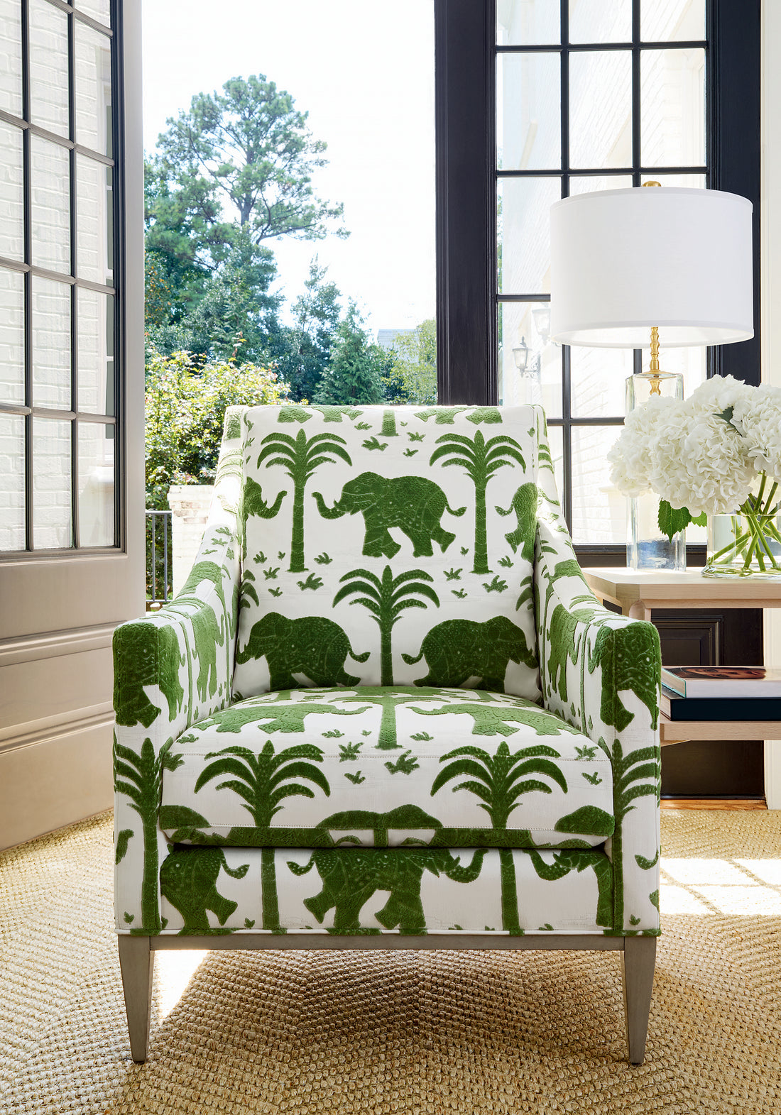 Carson Chair in Elephant Velvet woven fabric in Green - pattern number W716201 - by Thibaut in the Kismet collection
