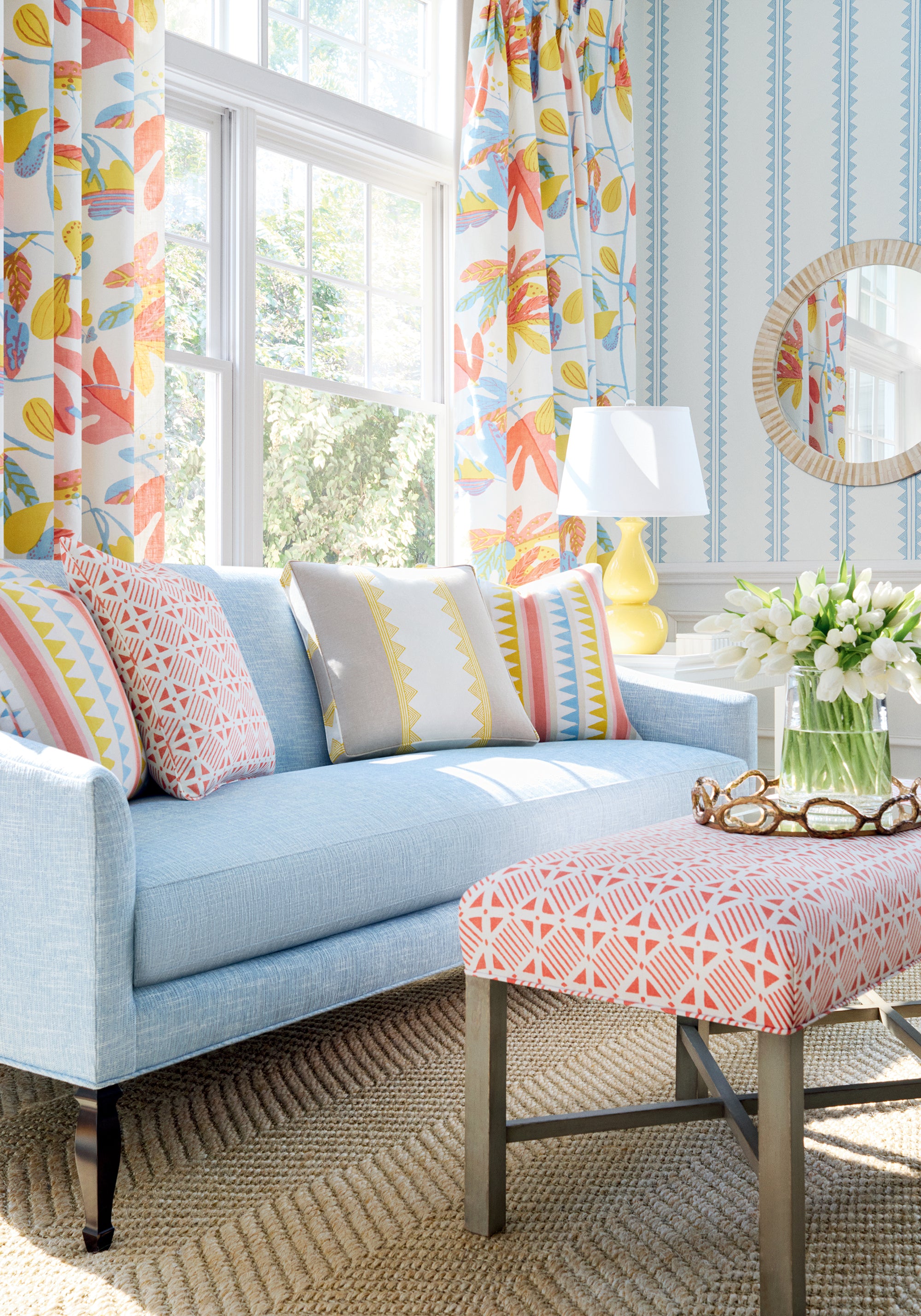 Draperies in Matisse Leaf printed fabric in Coral and Yellow