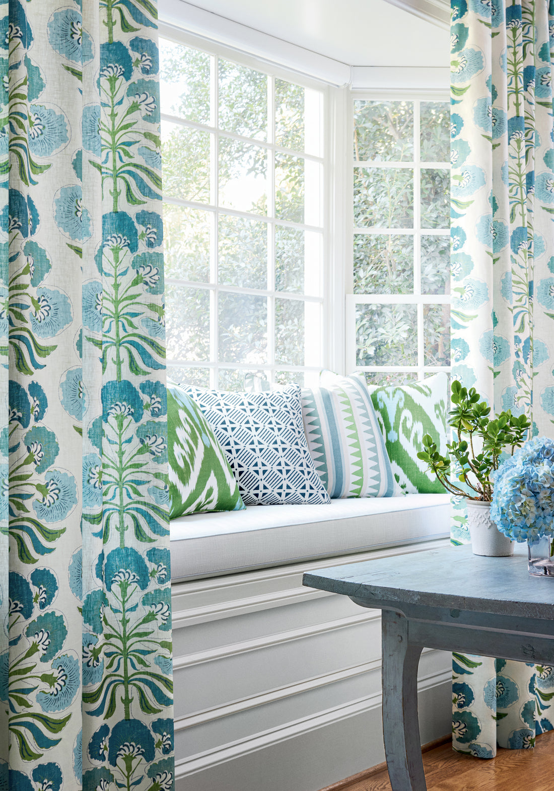 Draperies in Thibaut Tybee Tree printed fabric in Green and Blue