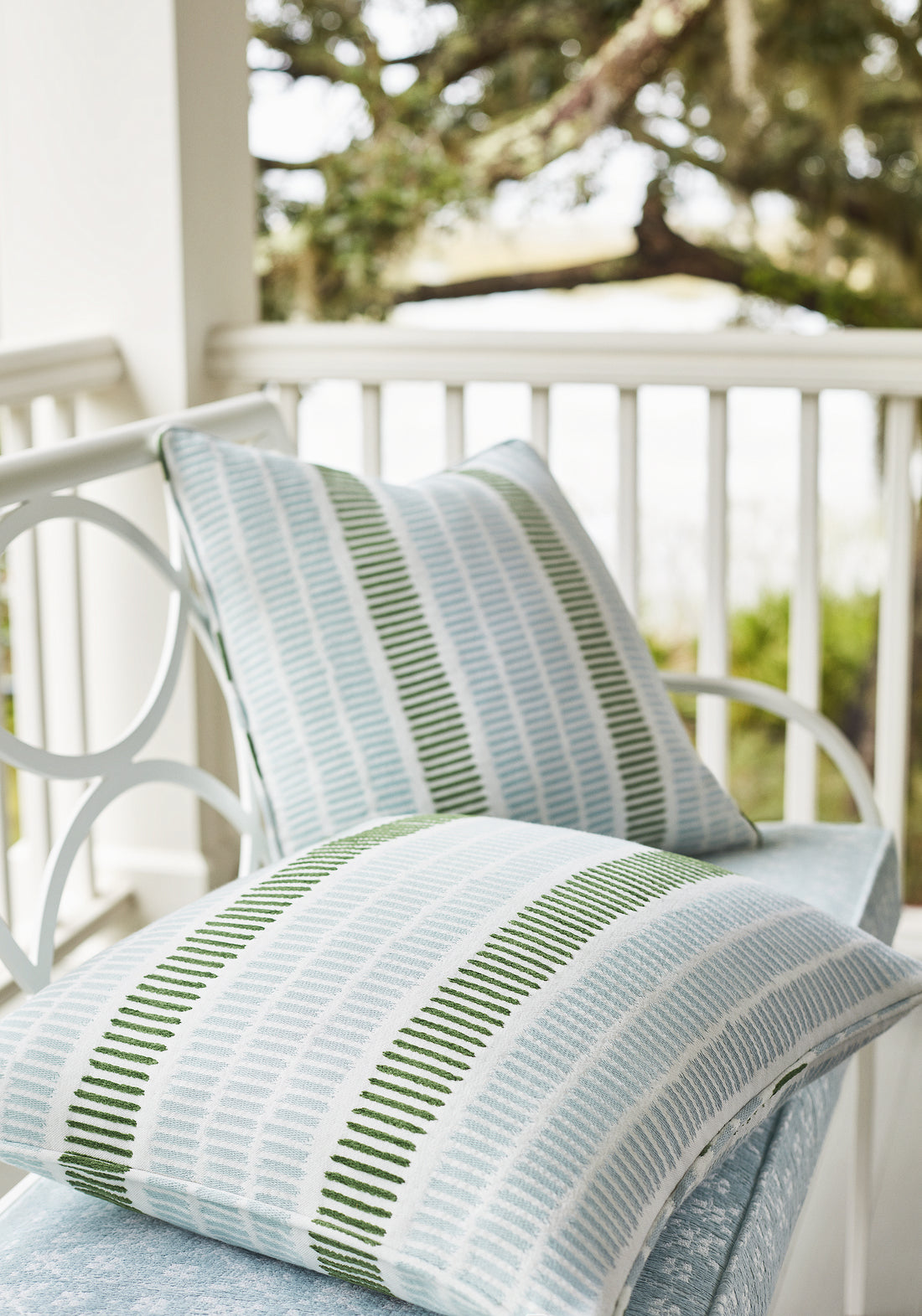 Pillows in Topsail Stripe woven fabric in seafoam and kelly green color - pattern number W73517 by Thibaut in the Landmark collection