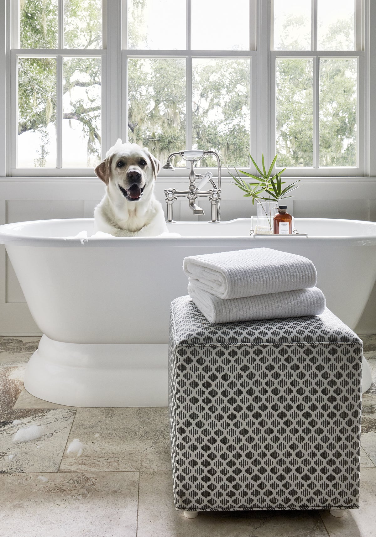 Stain resistant Fair & Square Ottoman in Sadie woven fabric in grey color - food and liquid resistant fabric - pattern number W73509 by Thibaut in the Landmark collection