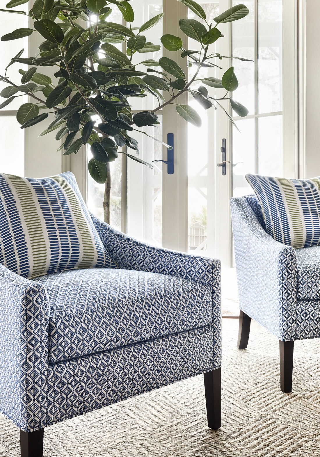 Stain resistant Grayson Chairs in Trion woven fabric in royal blue color - pattern number W73456 by Thibaut in the Landmark collection