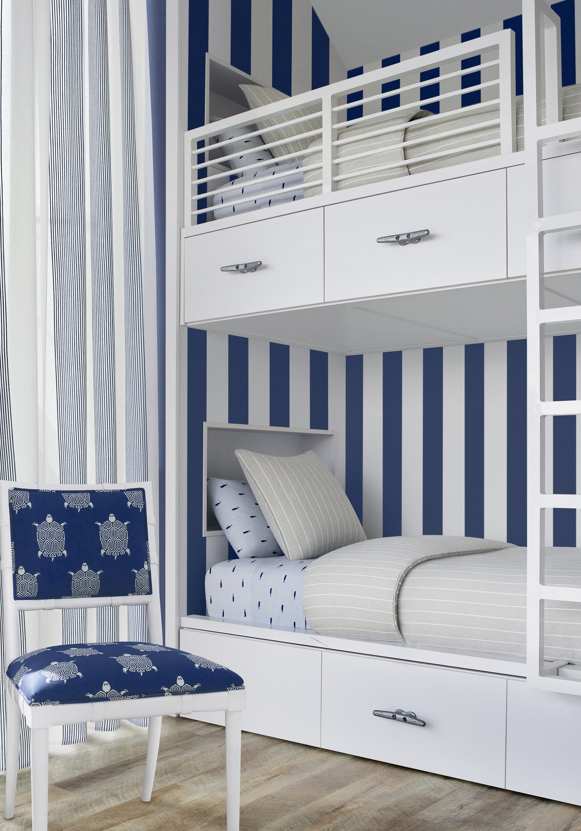 Bedroom with Sabine fabric in stripe oxford blue color - pattern number FWW81736 - by Thibaut fabrics