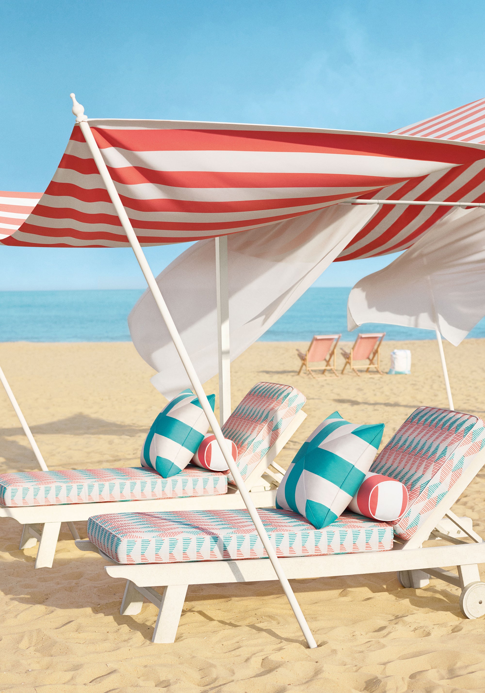 Beach chaise lounge cushions in Harper woven fabric in Coral and Capri color by Thibaut