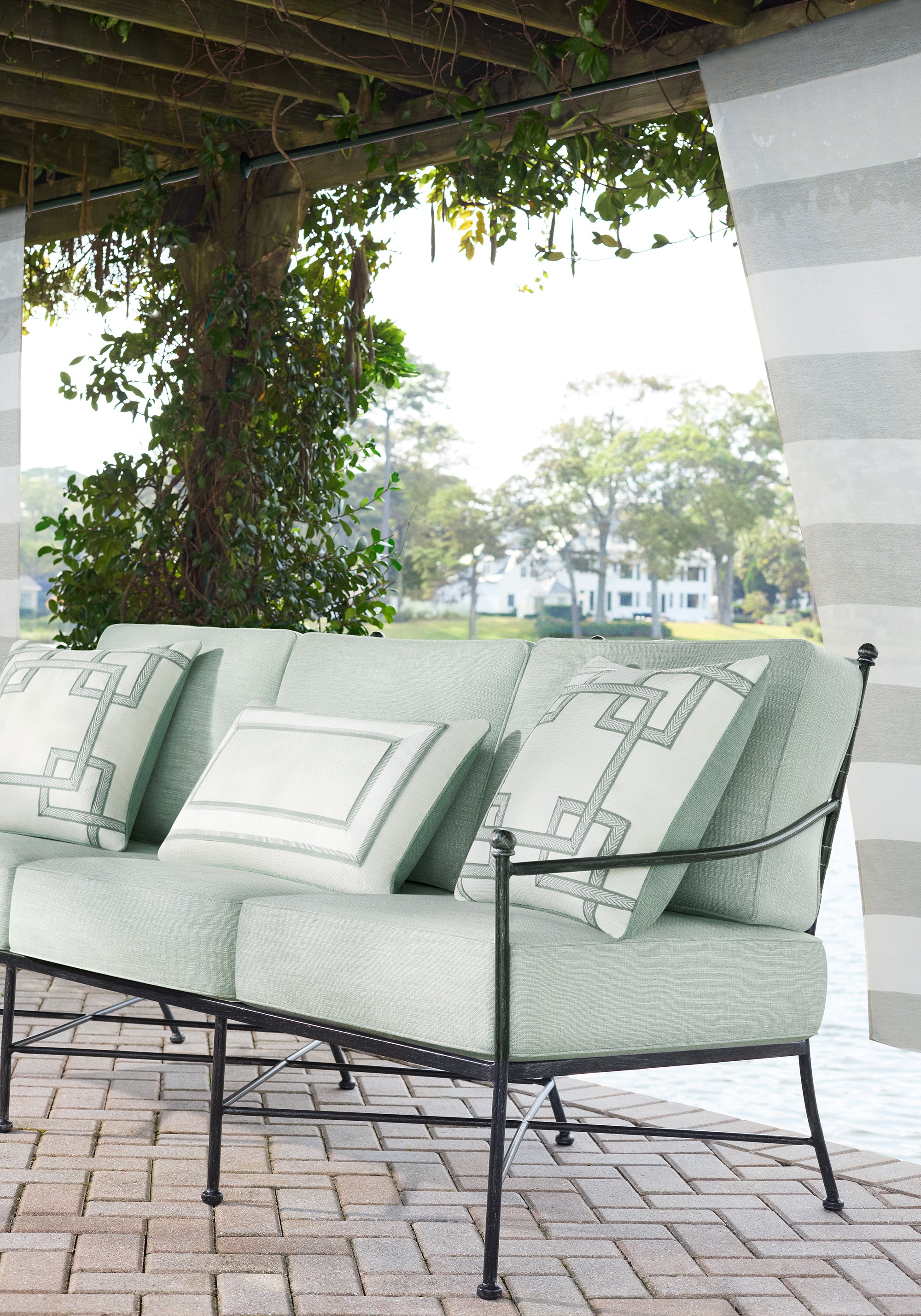 Drapery panels in Meridian woven fabric in Dove color by Thibaut fabrics