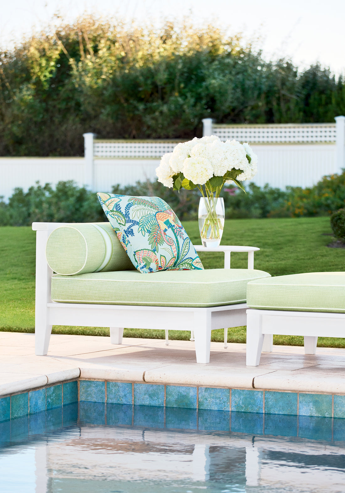 Outdoor lounge cushions upholstered in stain resistant Finley fabric in willow color - pattern number W81609 - by Thibaut
