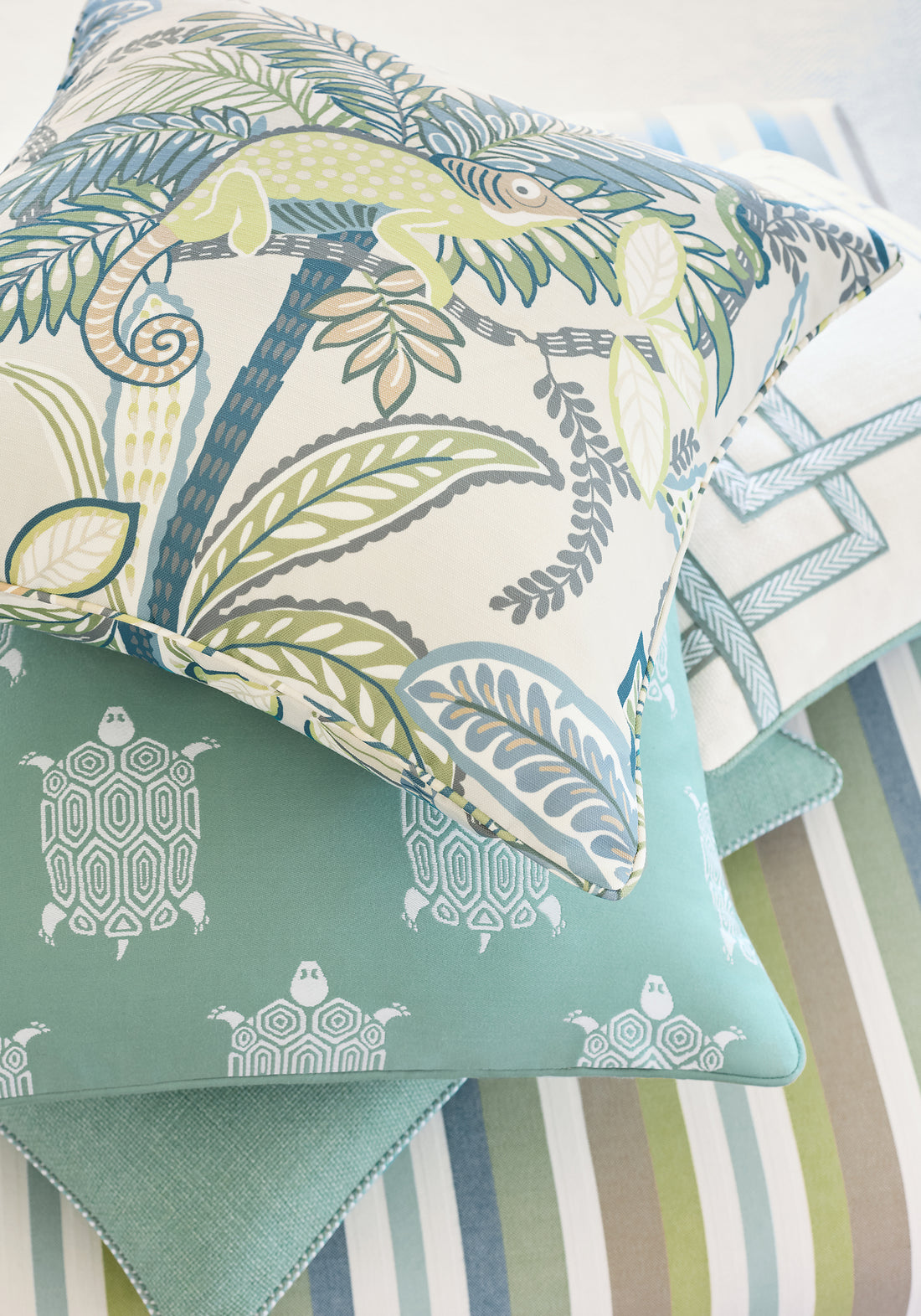 Pillow in iggy fabric in lagoon color - pattern number F81676 - by Thibaut fabrics