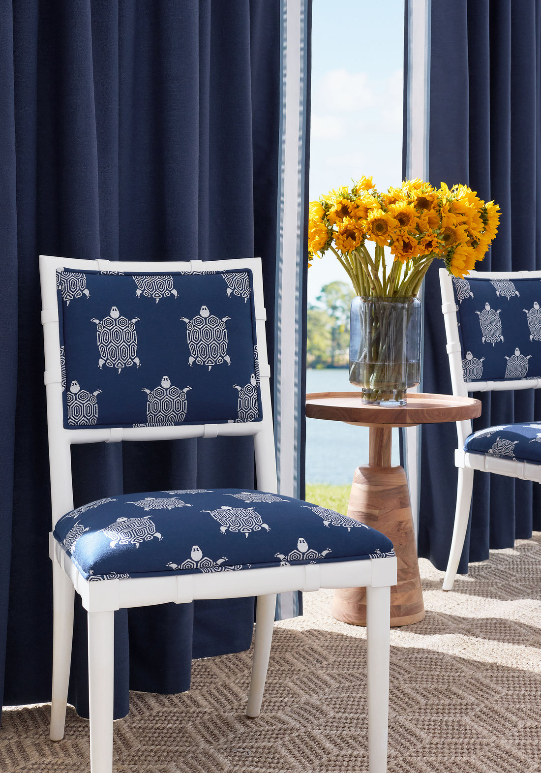 Greenwich Dining Chairs in Turtle Bay fabric in navy color - pattern number W81629 - by Thibaut fabrics