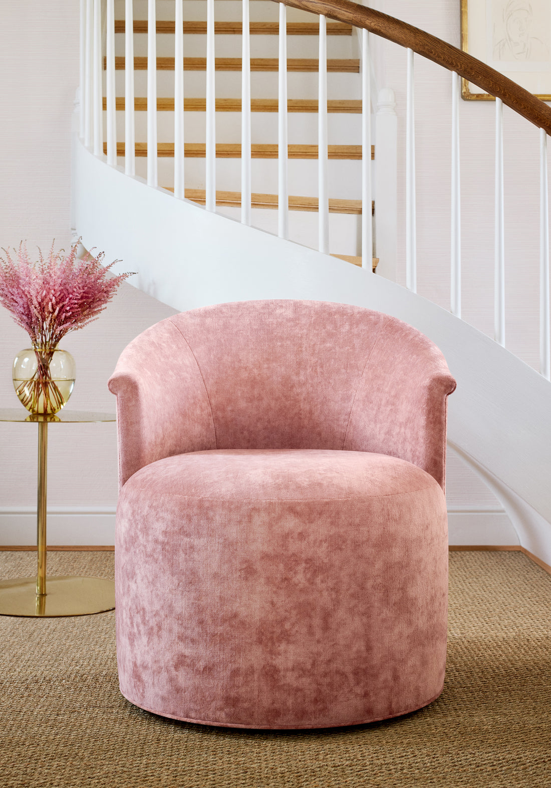 Chair upholstered Celeste Velvet fabric in blush color - pattern number W8969 - by Thibaut in the Lyra Velvets collection