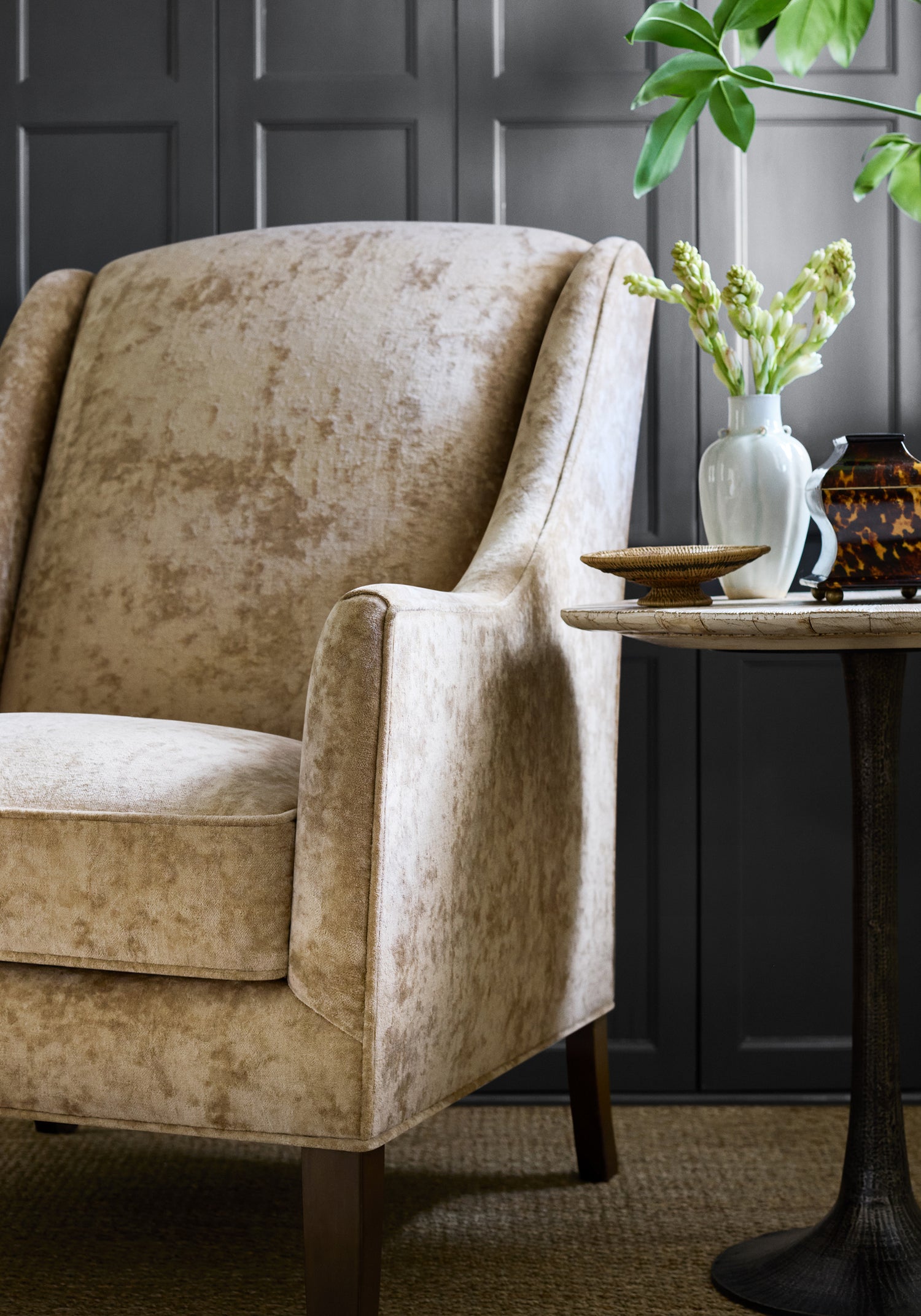 Wing chair in Celeste Velvet fabric in camel color - pattern number W8968 - by Thibaut in the Lyra Velvets collection