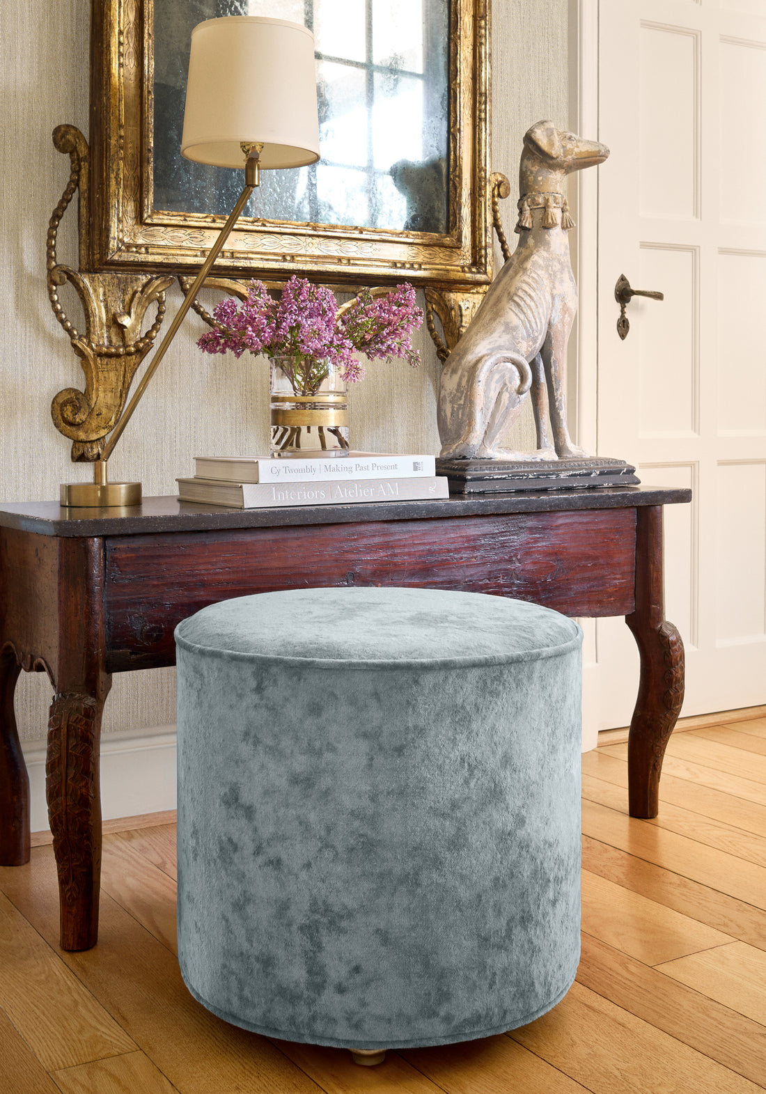 Ottoman in Celeste Velvet fabric in cloud color - pattern number W8970 - by Thibaut in the Lyra Velvets collection