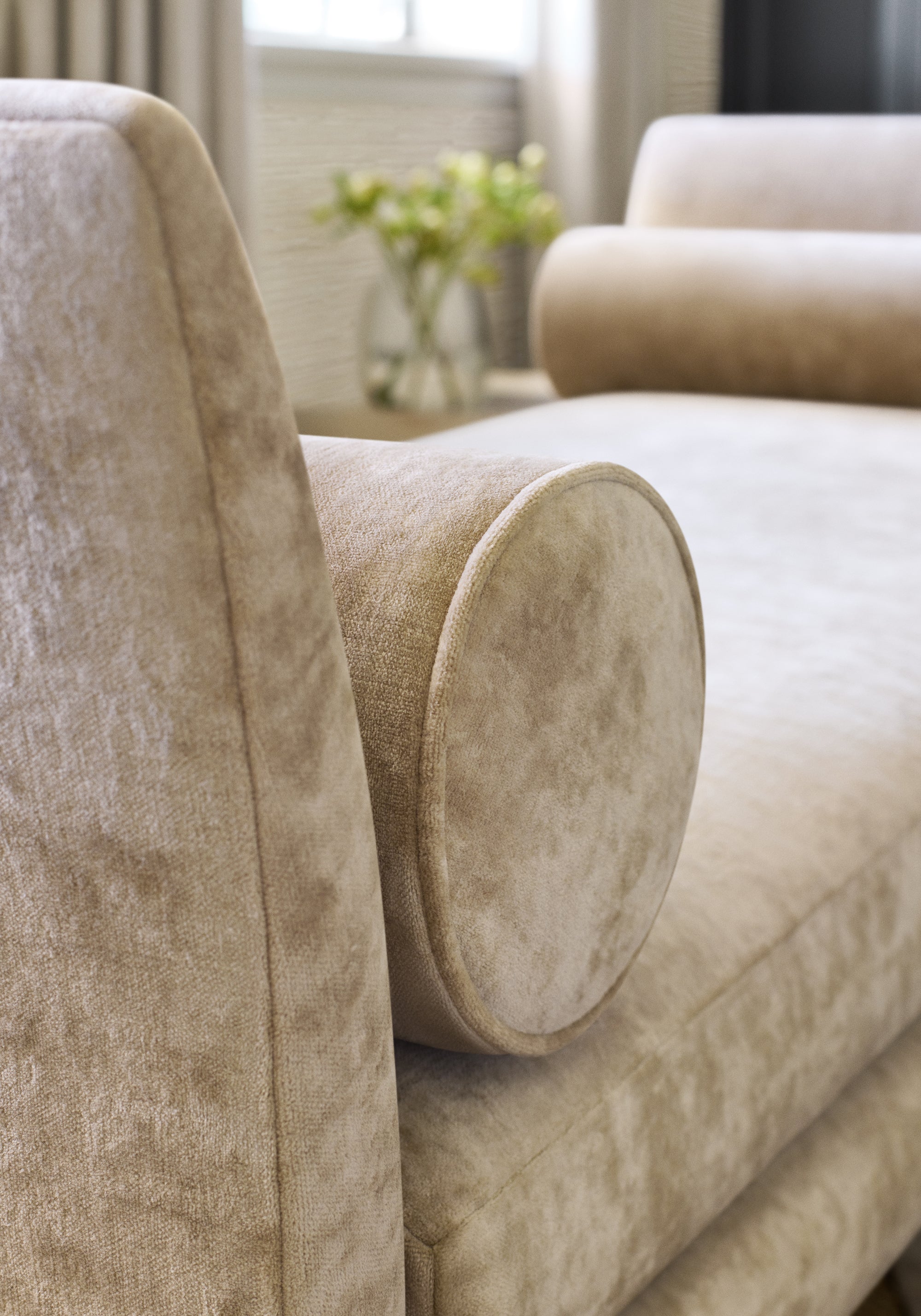 Up close daybed in Celeste Velvet fabric in sand color - pattern number W8967 - by Thibaut in the Lyra Velvets collection