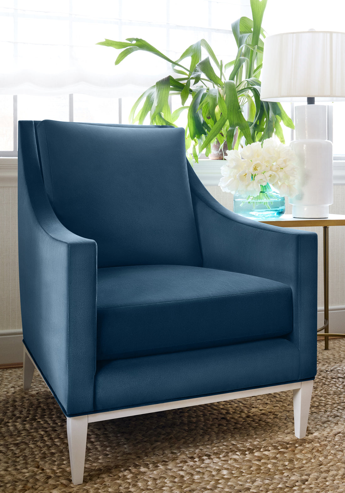 Chair in Lyra Velvet fabric in denim color - pattern number W8915 - by Thibaut in the Lyra Velvets collection