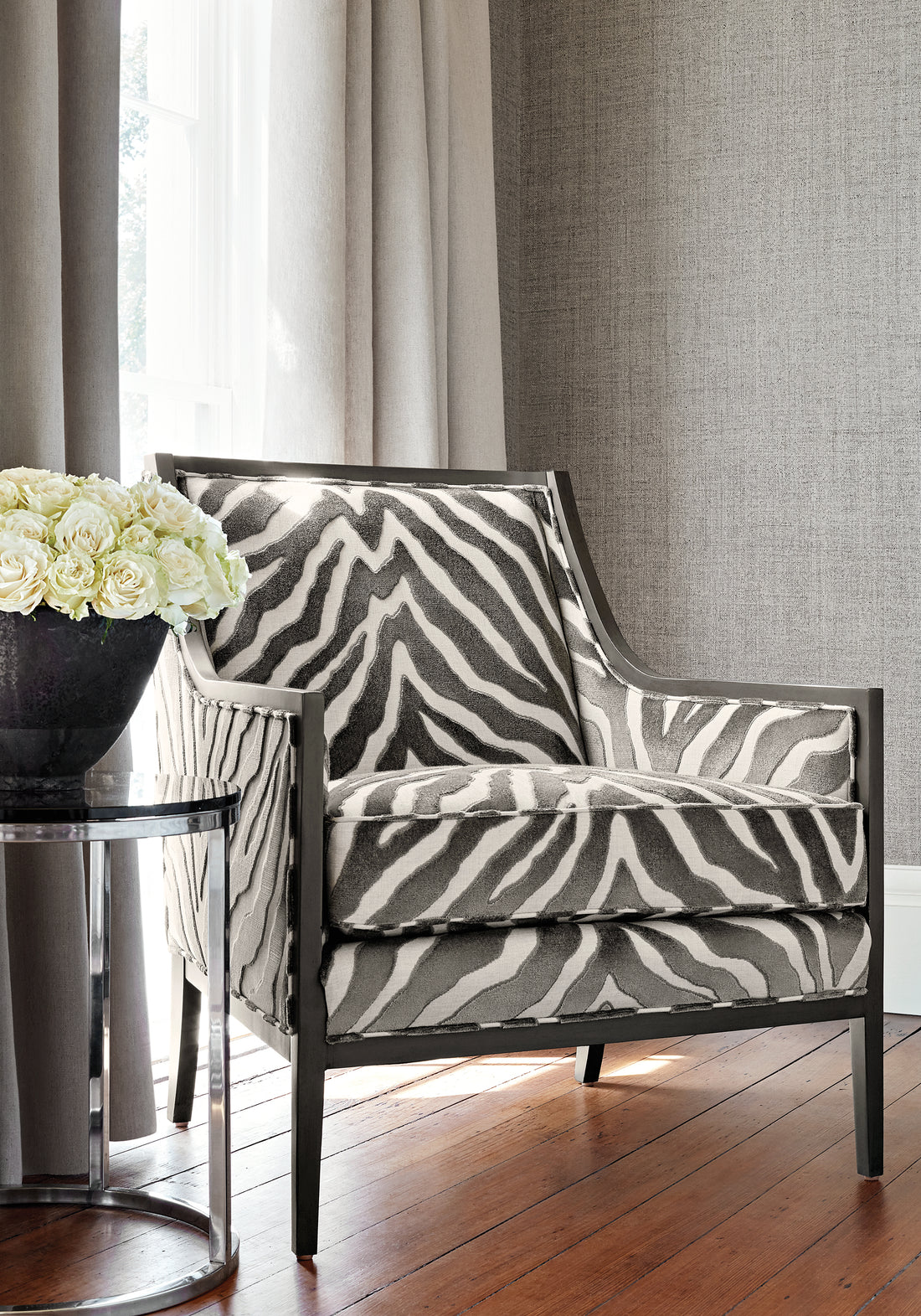 Pasadena Chair in Etosha Velvet woven fabric in graphite color - pattern number W80404 - by Thibaut in the Woven Resource Vol 10 Menagerie collection
