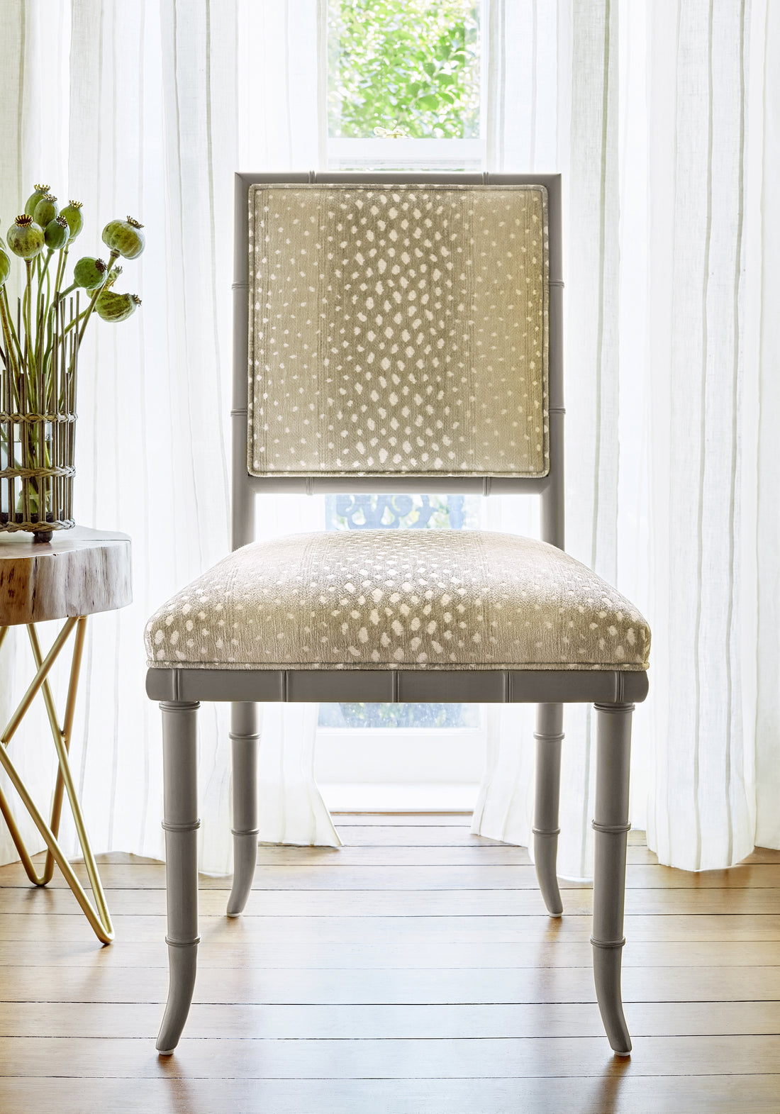 Frontal view of Darien Chair in Gazelle woven fabric in linen color - pattern number W80430 - by Thibaut in the Woven Resource Vol 10 Menagerie collection