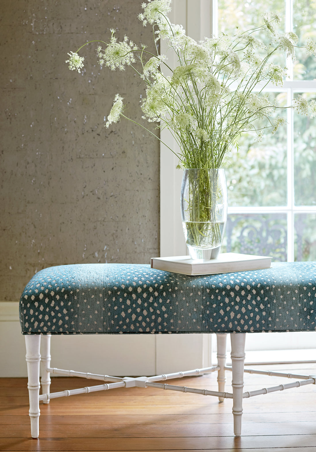 Eaton Ottoman in Gazelle woven fabric in peacock color - pattern number W80428 - by Thibaut in the Woven Resource Vol 10 Menagerie collection