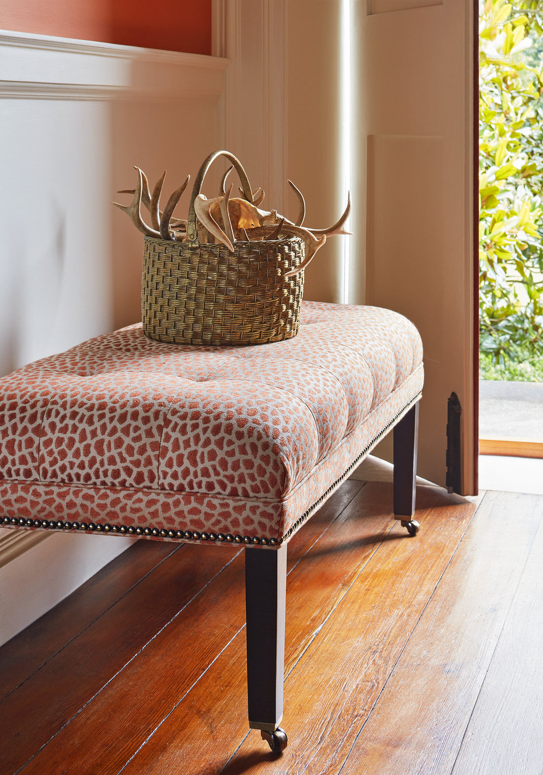 Westover Ottoman in Masai woven fabric in terracotta color - pattern number W80424 - by Thibaut in the Woven Resource Vol 10 Menagerie collection