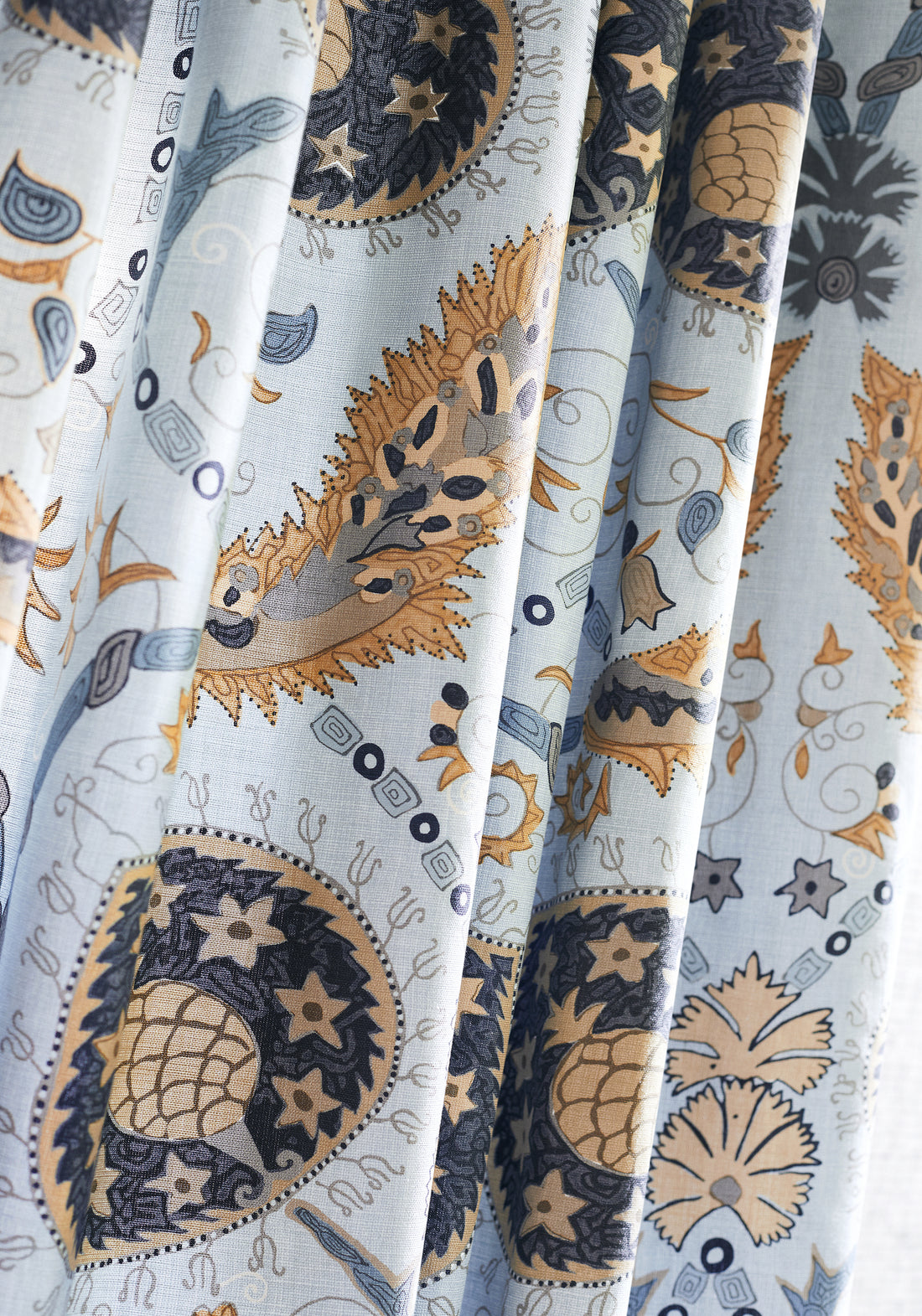 Detailed Lewis printed fabric in mineral blue color, pattern number F913214 of the Thibaut Mesa collection
