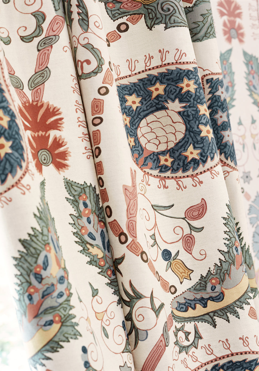 Detailed Lewis printed fabric in coral and blue color, pattern number F913219 of the Thibaut Mesa collection