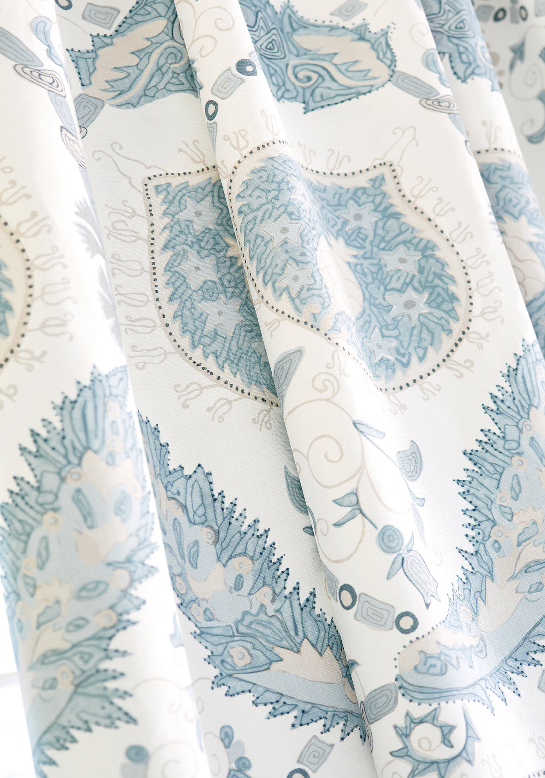 Detailed Lewis printed fabric in spa blue color, pattern number F913215 of the Thibaut Mesa collection