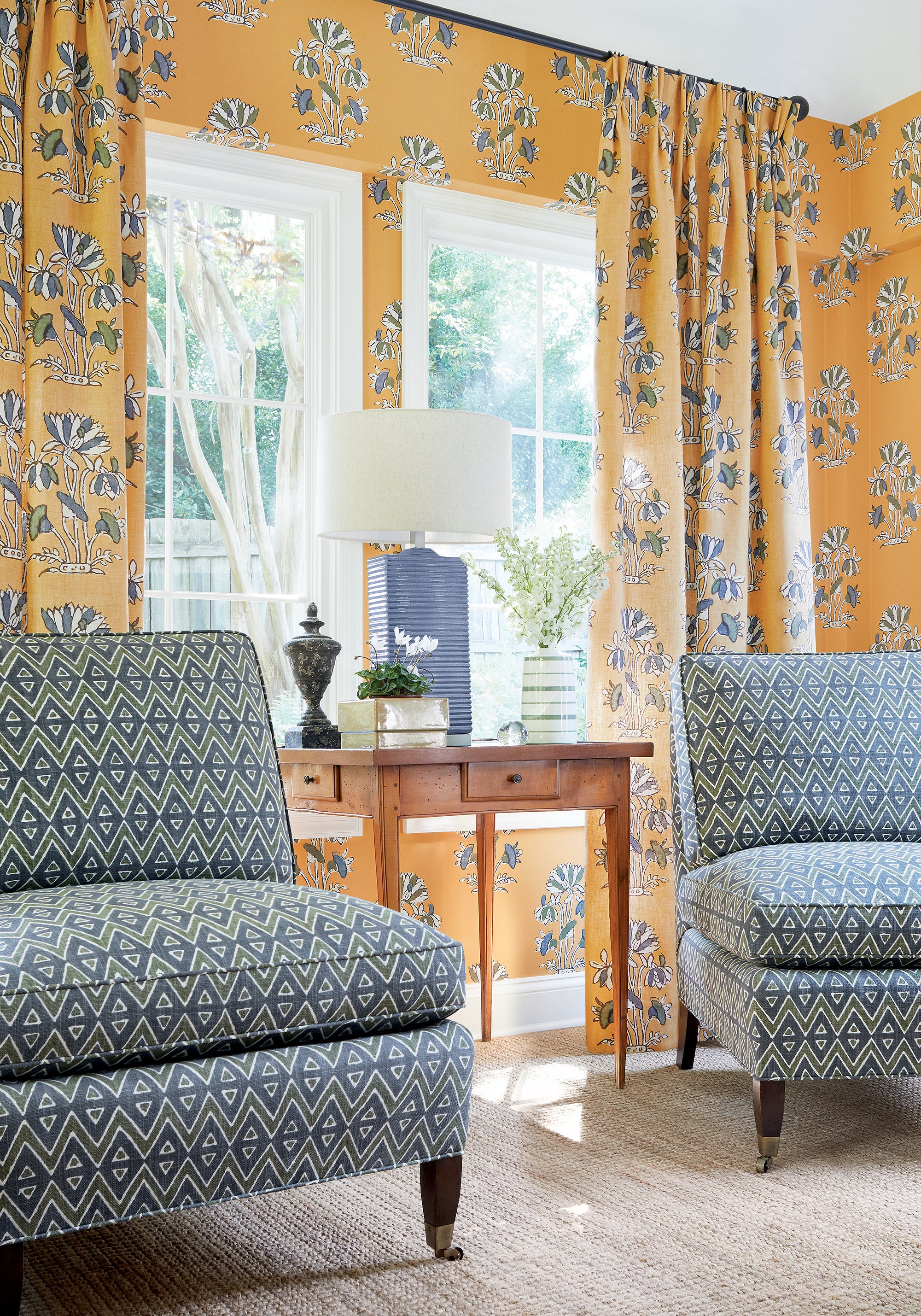 Draperies in Lily Flower printed fabric in harvest gold color - pattern number F913202 by Thibaut in the Mesa collection