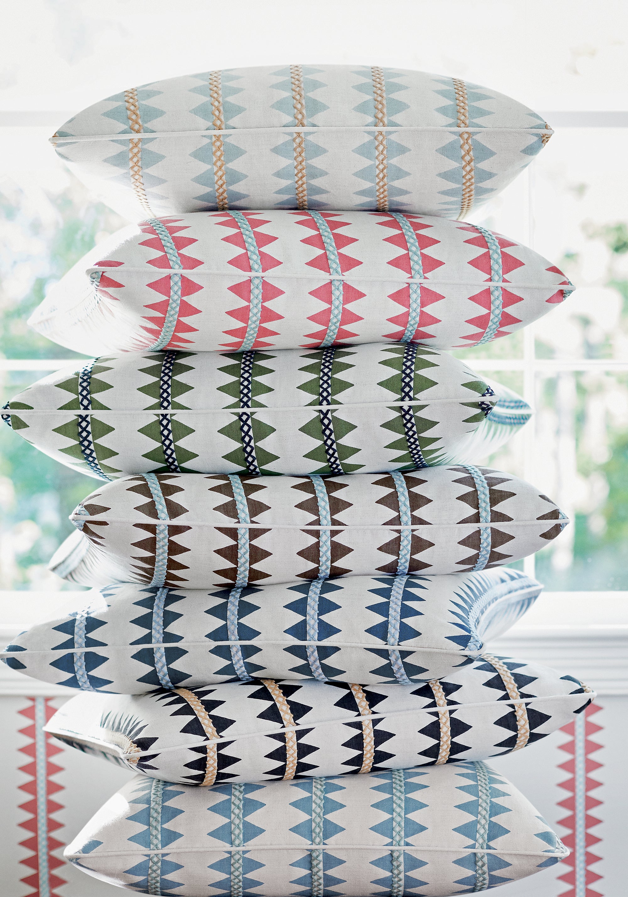 Collection of Reno Stripe Embroidery woven fabric pillows featuring coral color fabric - pattern number W713245 - by Thibaut in the Mesa collection