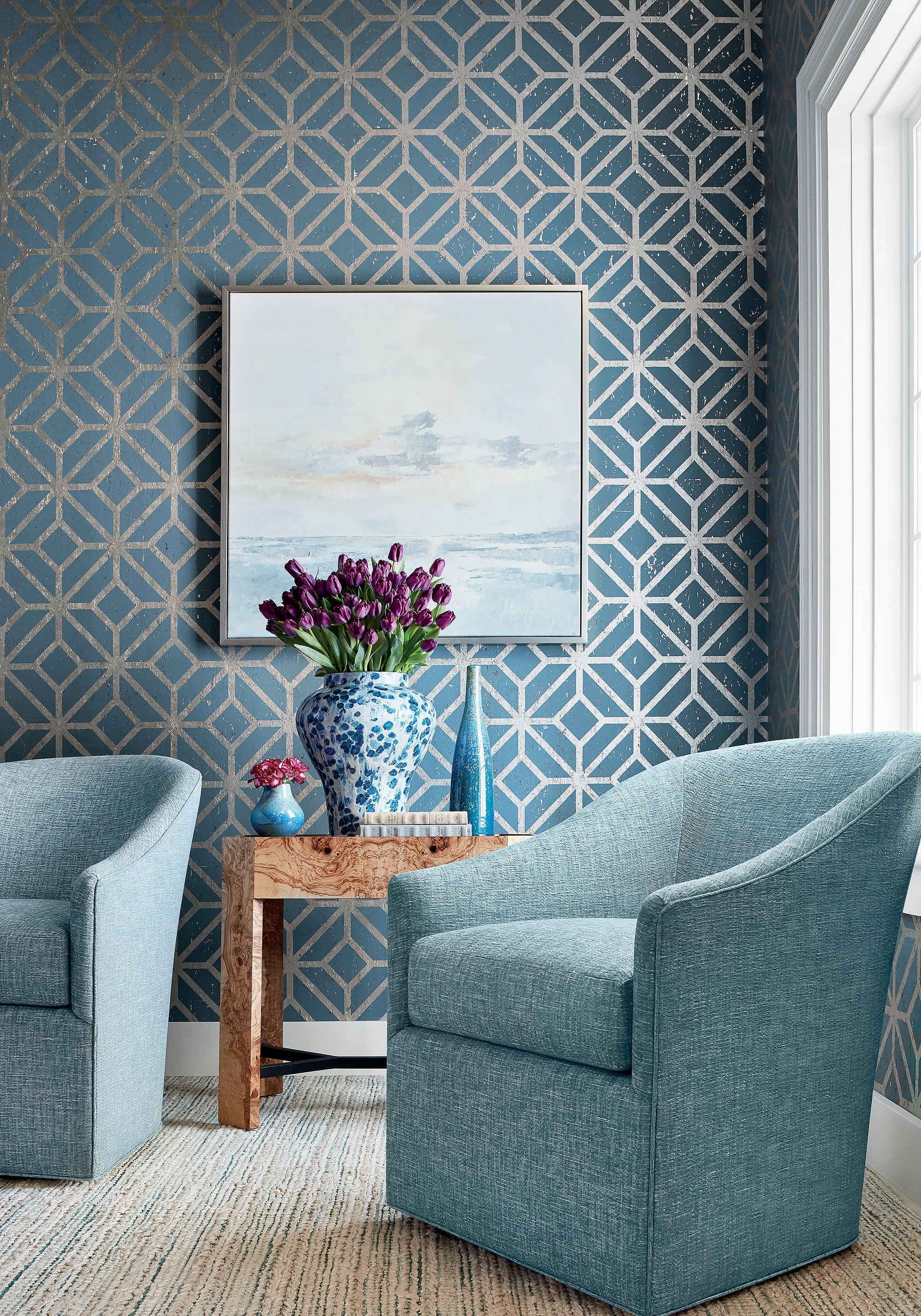 Harper chair in stain resistant Freeport woven fabric in pool color - pattern number W74610 by Thibaut in the Festival collection