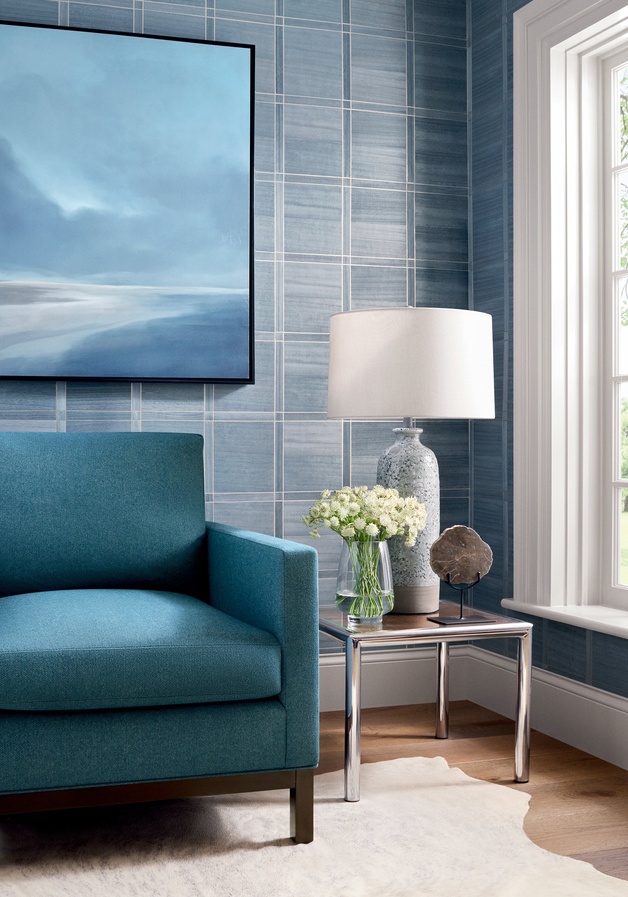 Frampton Chair in Dorset woven fabric in Lagoon color - pattern number W80912 - by Thibaut in the Dunmore collection