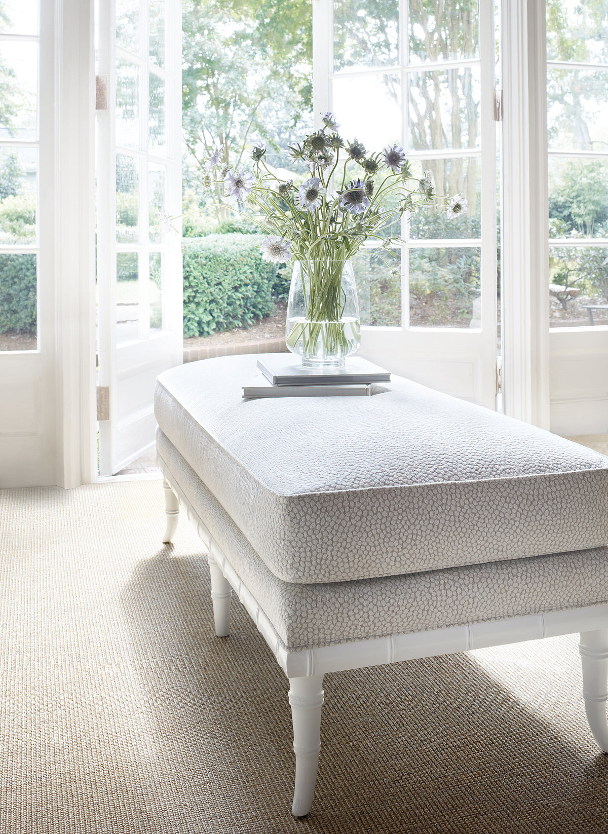 Devon Bench in Kali woven stain resistant fabric in flax color - pattern number W80516 by Thibaut in the Mosaic collection