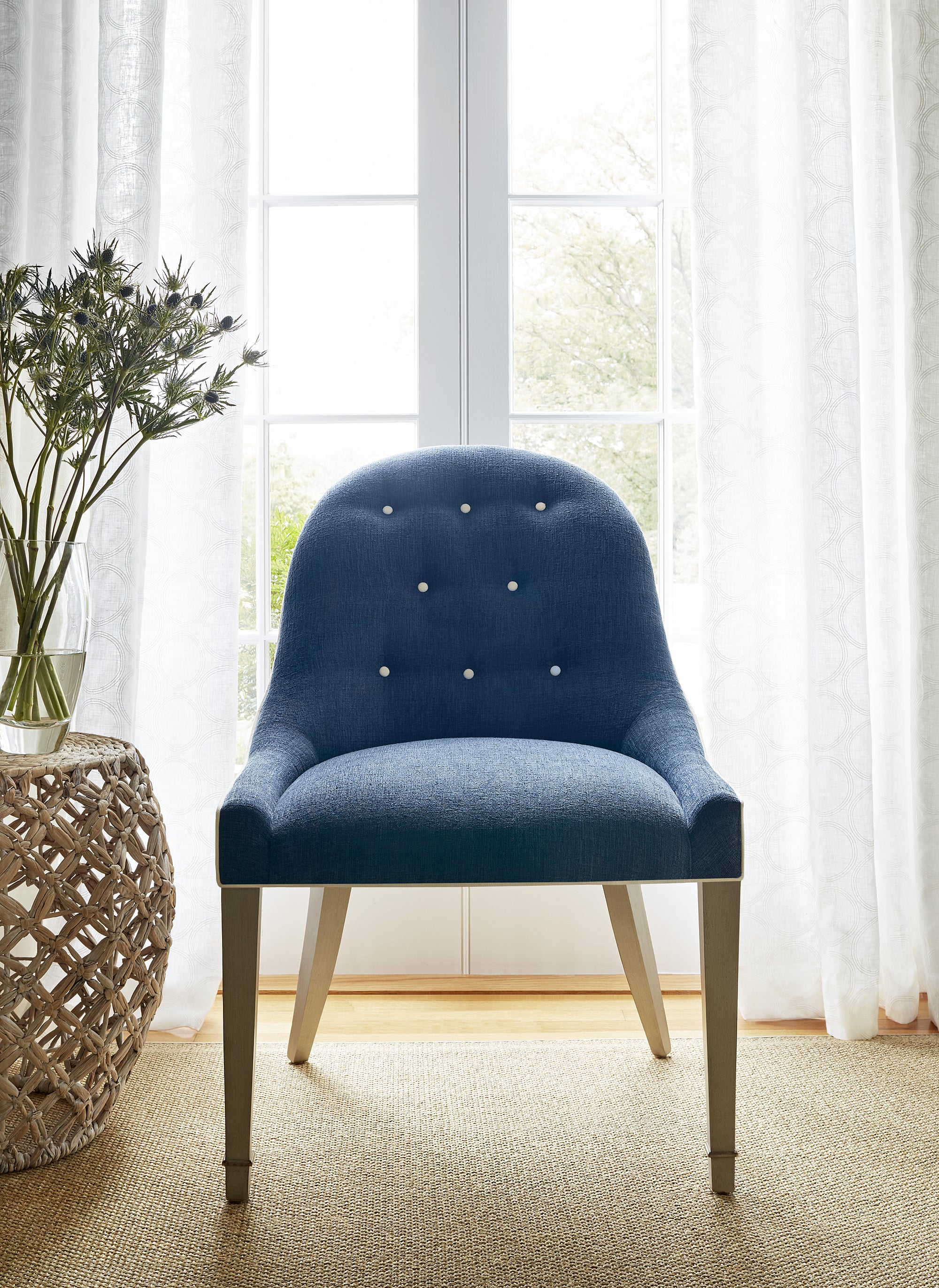 Melrose Dining Chair in Montage woven stain resistant fabric in navy color - pattern number W80480 by Thibaut in the Mosaic collection