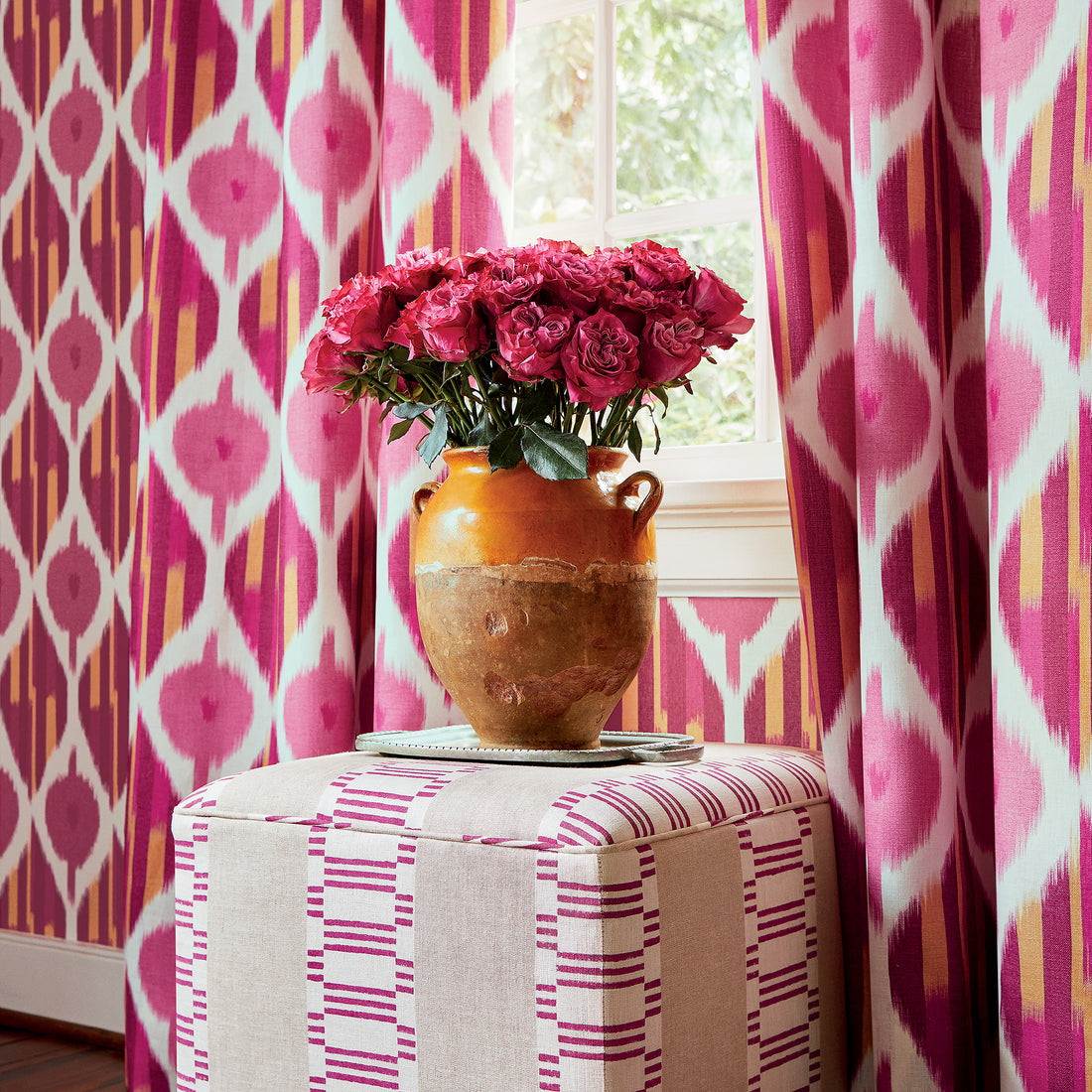 Fair and Square Ottoman in Japonic Stripe printed fabric in Fuchsia - pattern number AF9822 - by Anna French
