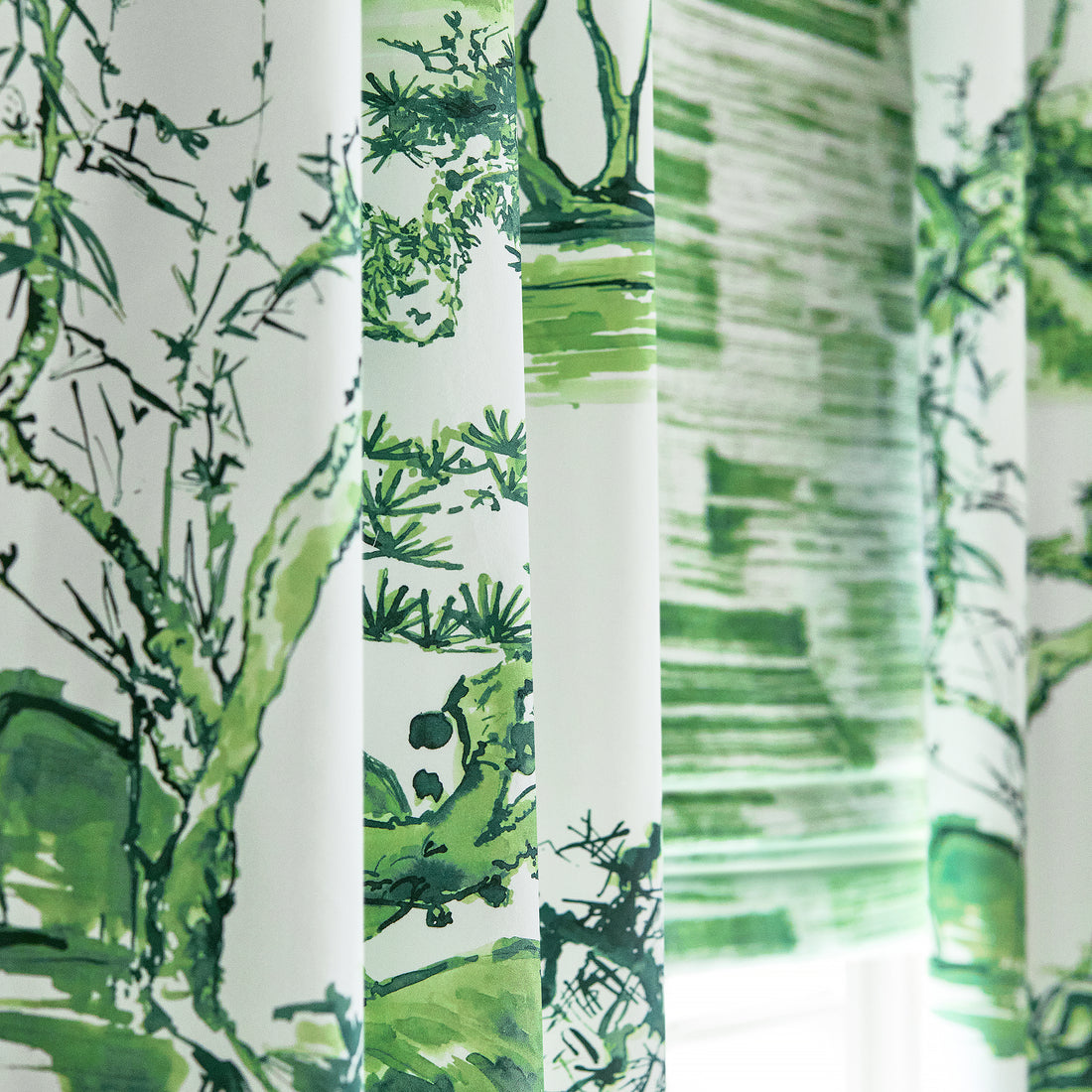 Detail view of drapery in Kyoto printed fabric in Emerald Green - pattern number AF9828 - by Anna French