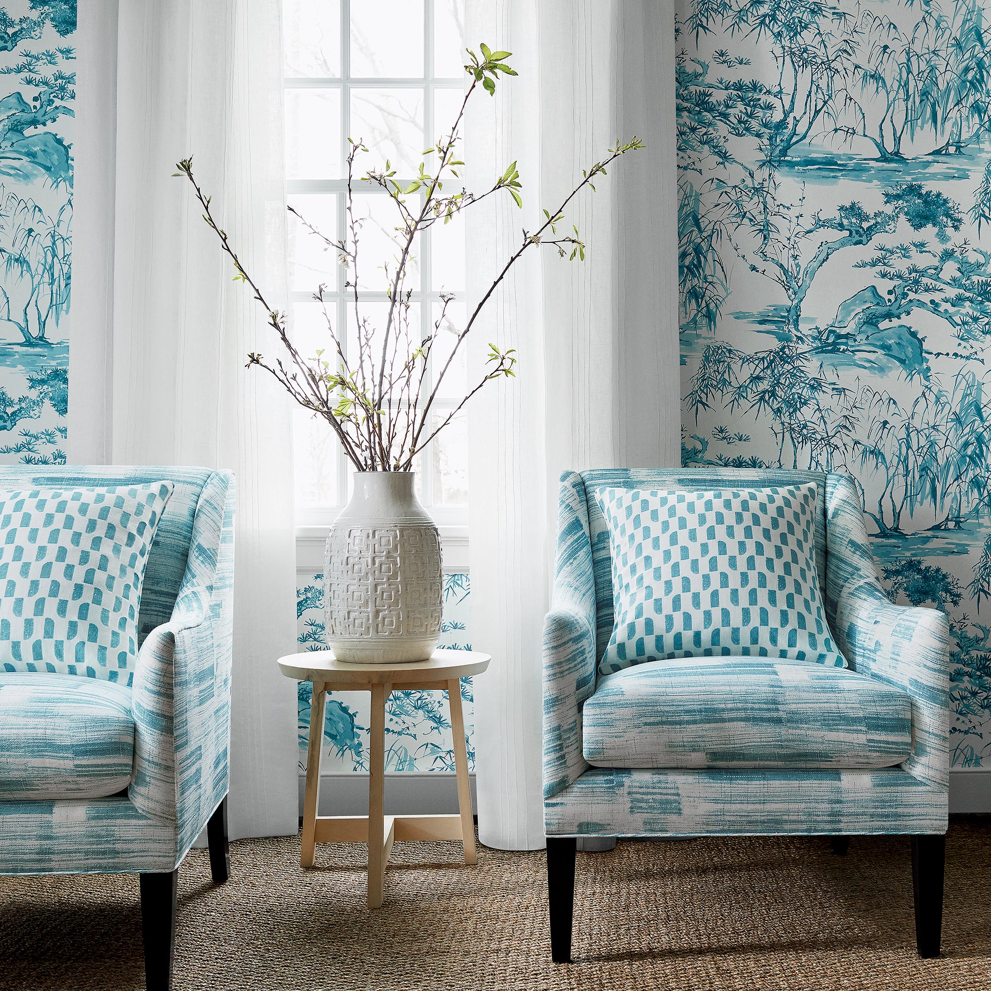Living room with two saybrook chairs in Shadows printed fabric in Robin&