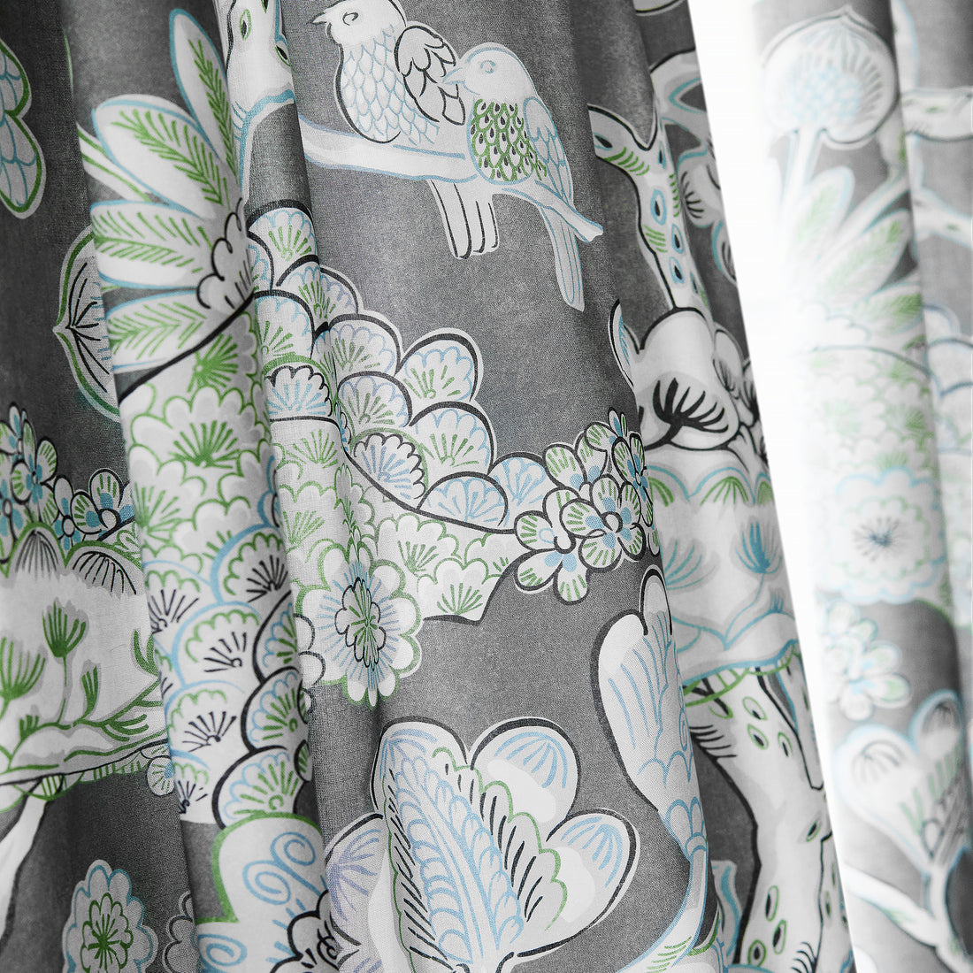 Detail of Draperies in Tree House fabric in grey color - pattern number AF9864 - by Anna French