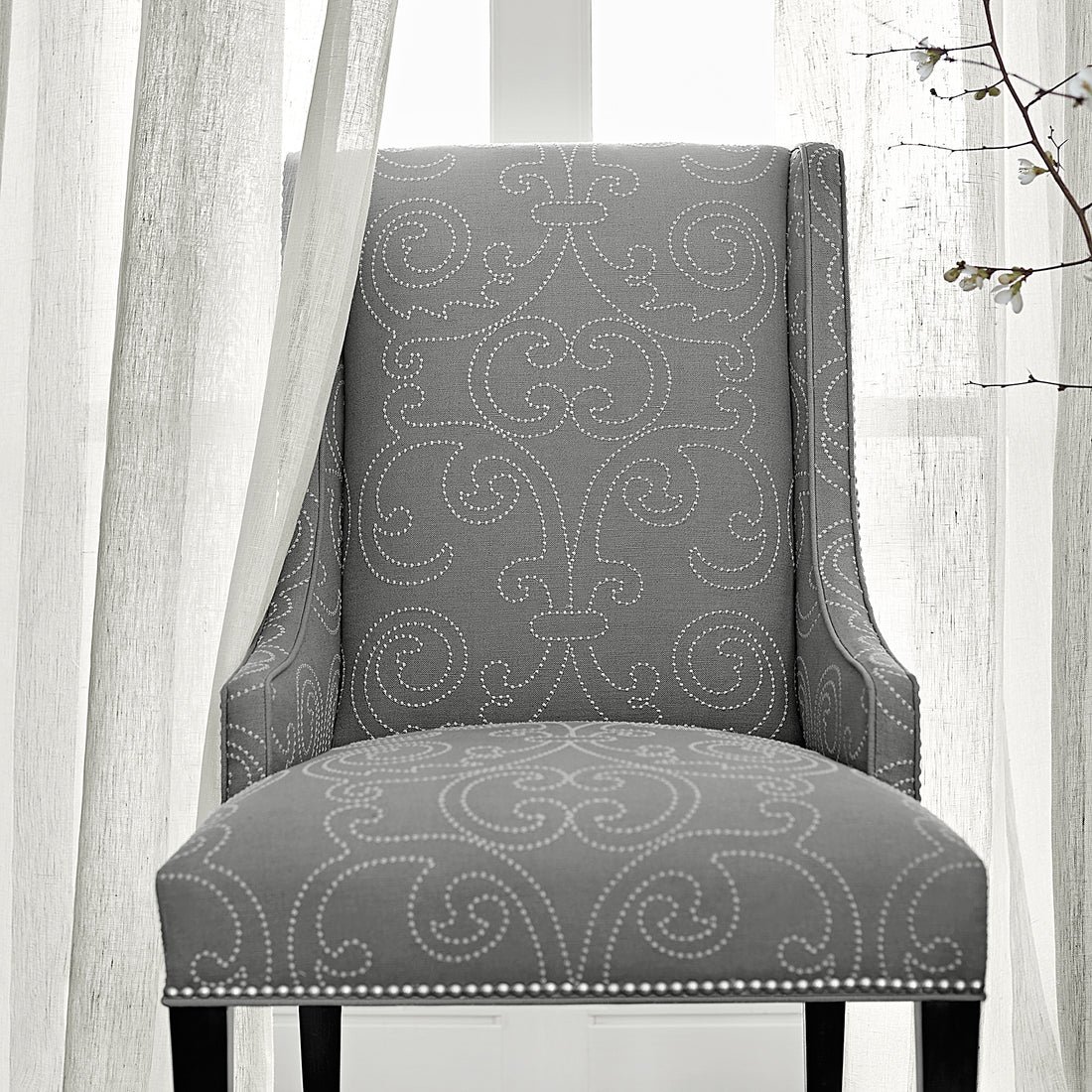 Hudson Chairs in Barcelona Embroidery woven fabric in Charcoal- pattern number AW9124 - by Anna French
