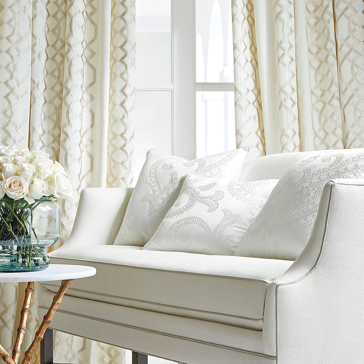 Draperies made with Bergman Embroidery fabric in off white color - pattern number AW9127 - by Anna French