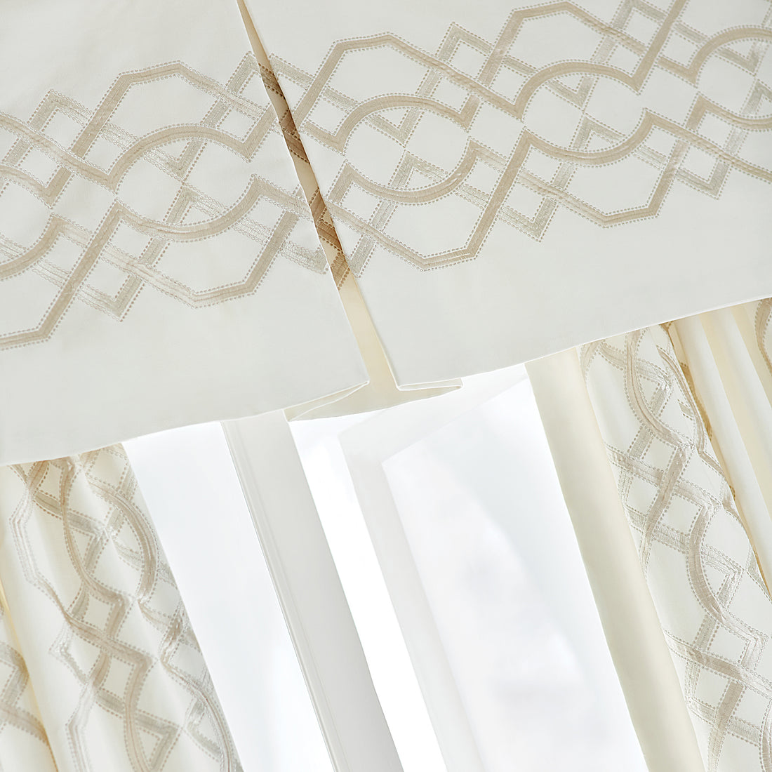 Detail of draperies made with Bergman Embroidery fabric in off white color - pattern number AW9127 - by Anna French