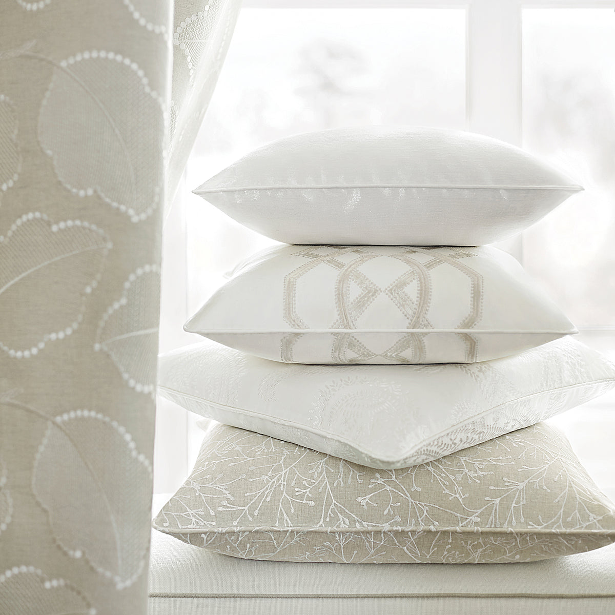 Pillow made from Zola Embroidery fabric in natural color - pattern number AW9101 - by Anna French in the Natural Glimmer collection