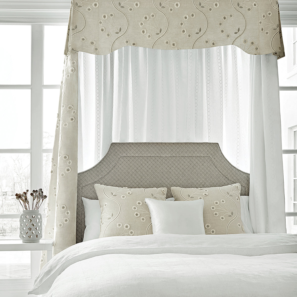 Room with Draperies and pillow made from Olympus Embroidery fabric in natural color - pattern number AW9100 - by Anna French