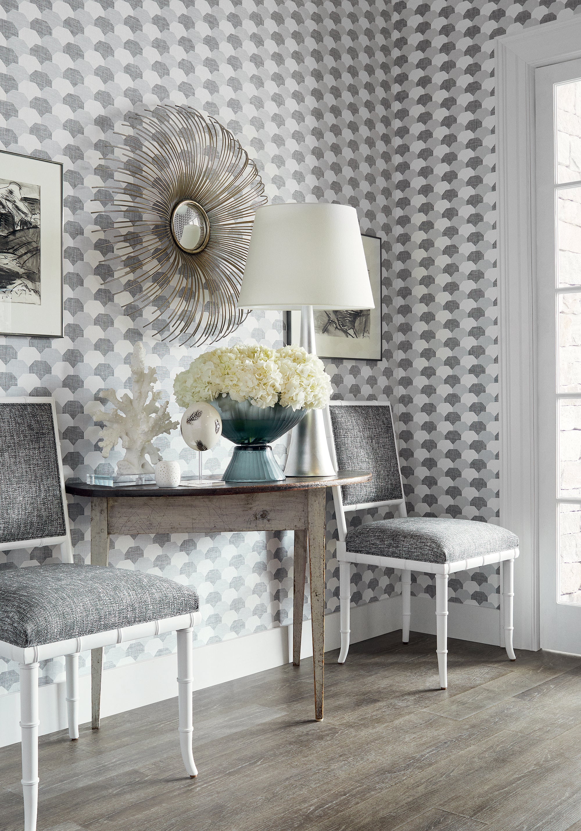 Darien Dining Chairs in stain resistant Freeport woven fabric in charcoal color - pattern number W74614 by Thibaut in the Festival collection