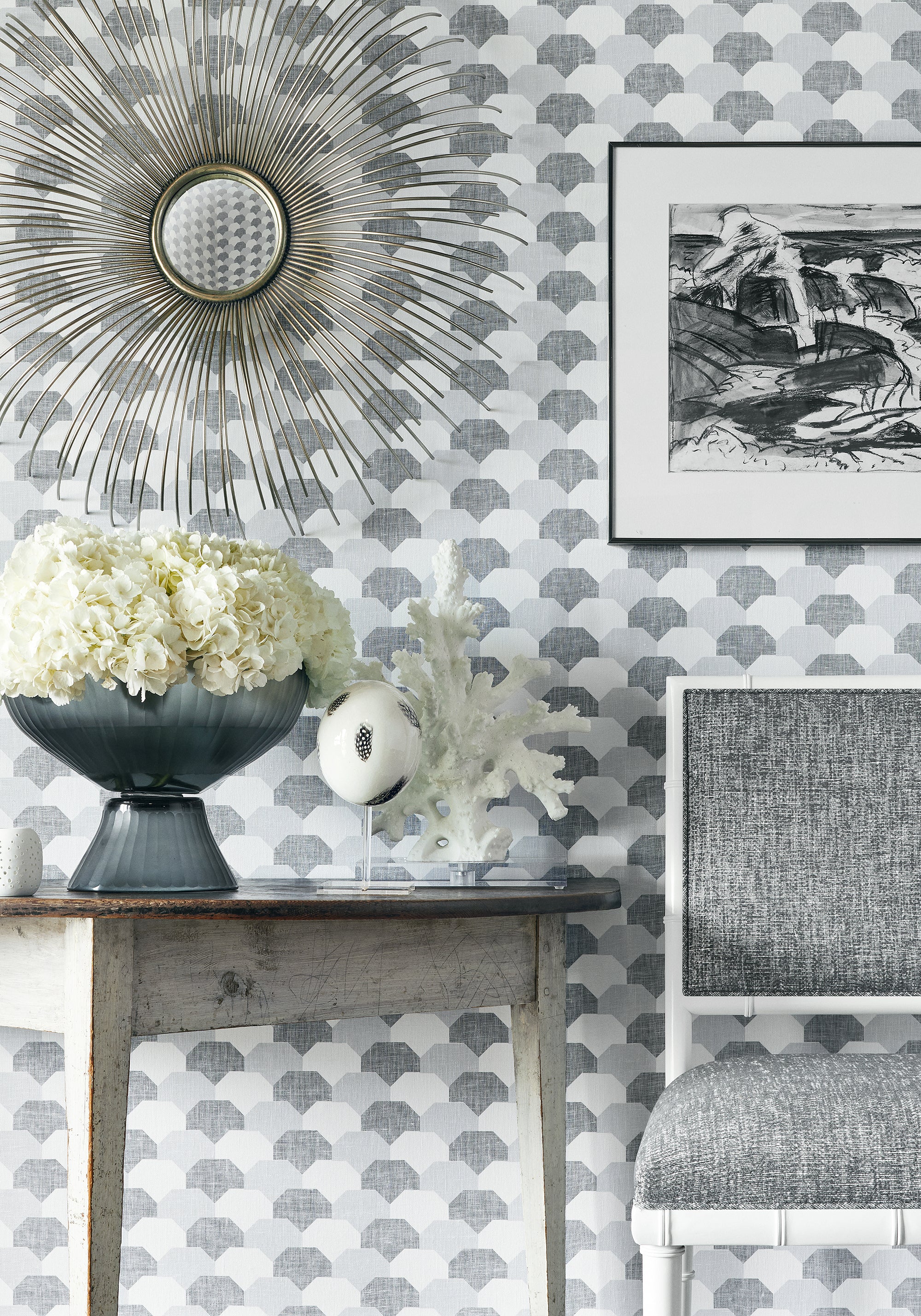 Detailed view of Darien dining chair in stain resistant Freeport woven fabric in charcoal color variant by Thibaut in the Festival collection - pattern number W74614