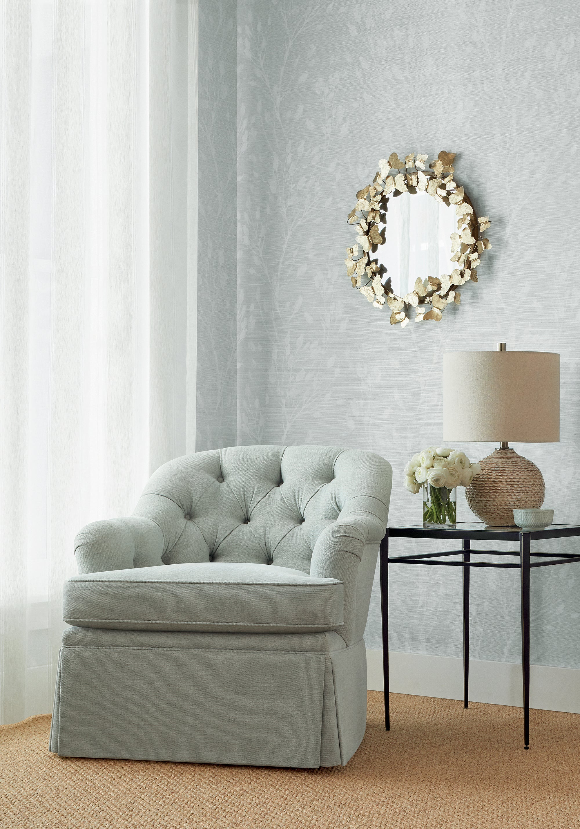 Drapery curtains made with Wide Width Sheer in Andover Stripe woven fabric in Ivory color by Thibaut