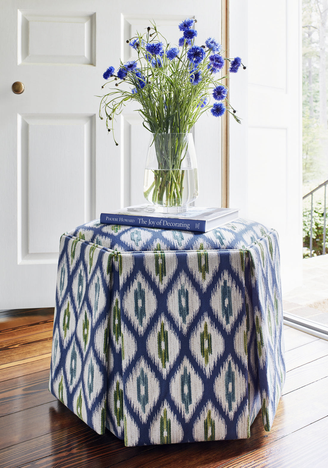 For the Hex of it Ottoman in Rajah woven fabric in marine blue color - pattern number W73361 by Thibaut in the Nomad collection