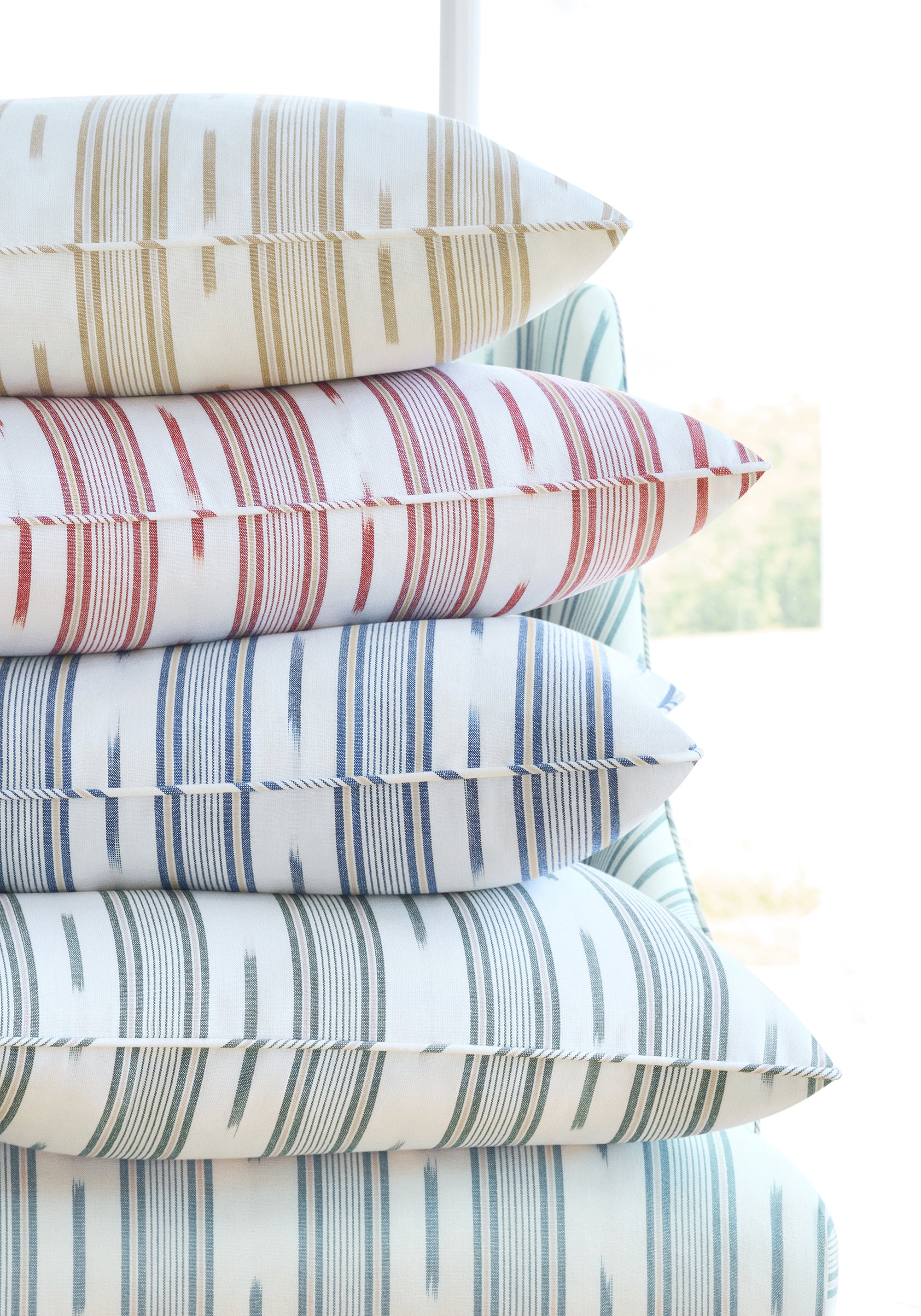 Pillows in Odeshia Stripe fabric in spruce color - pattern number W781307 - by Thibaut in the Montecito collection