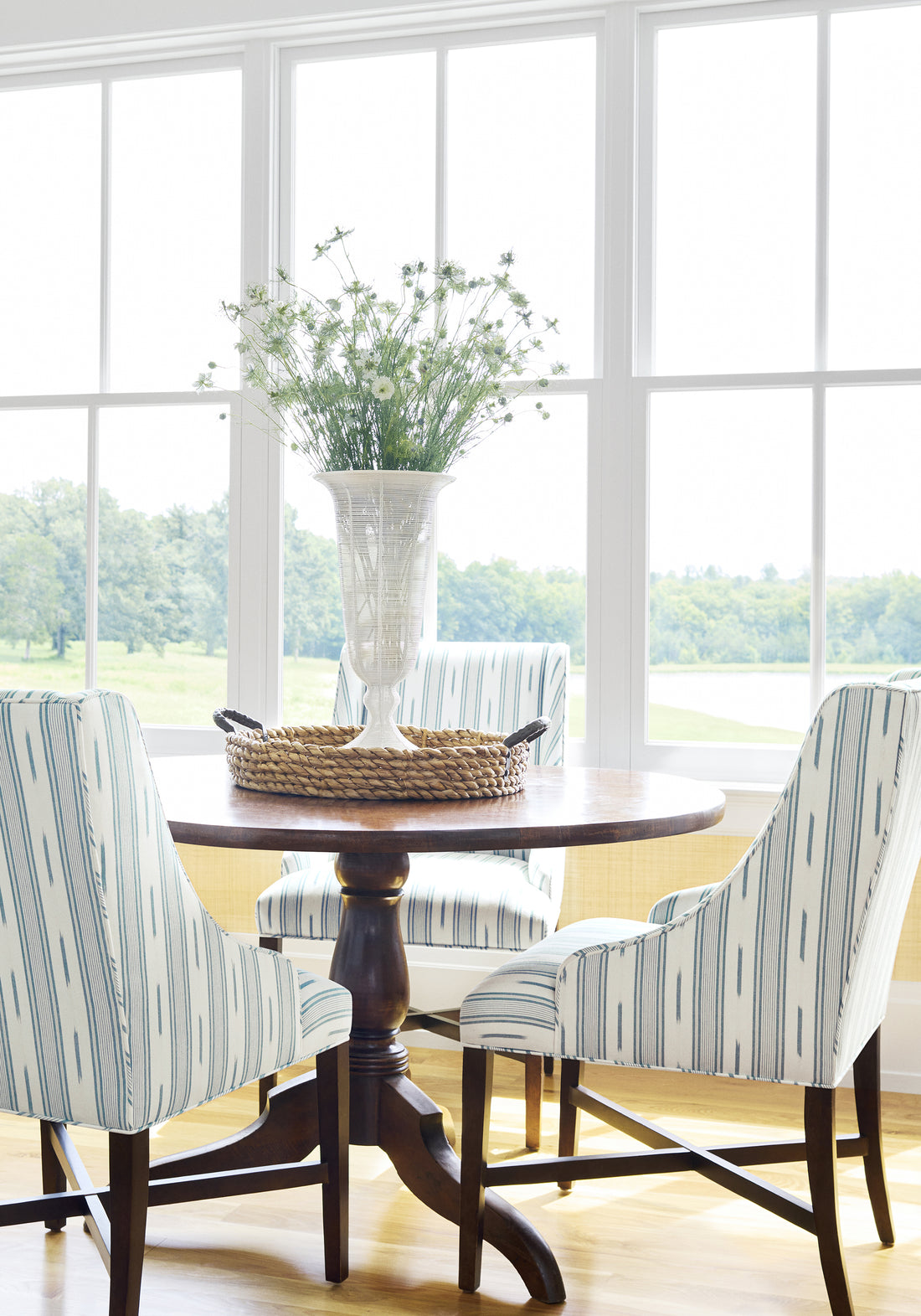 Dining chairs in Odeshia Stripe fabric in seaglass color - pattern number W781305 - by Thibaut in the Montecito collection