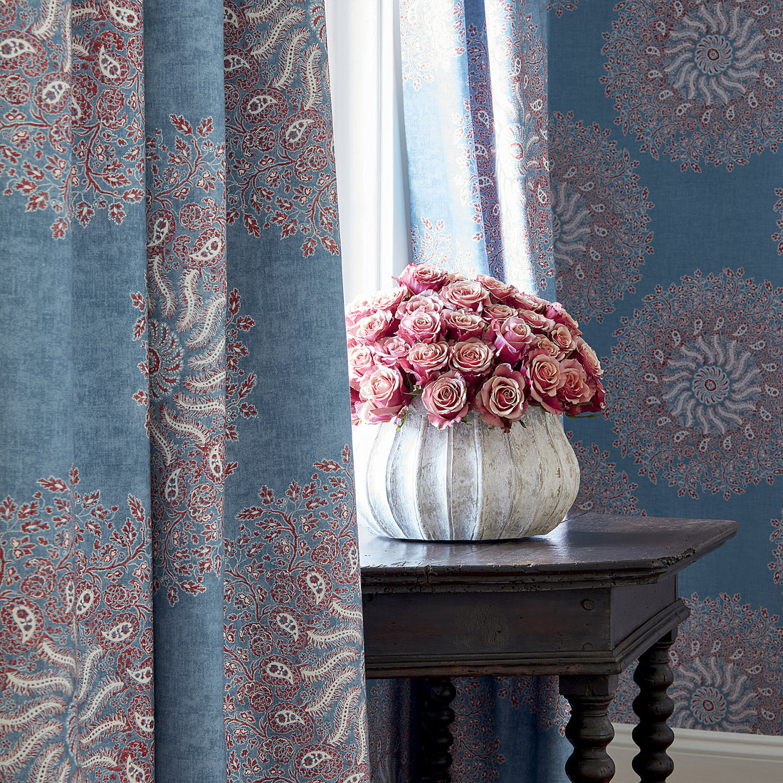 Draperies in La Provence printed fabric in Sky Blue - pattern number AF78727 - by Anna French in the Palampore collection