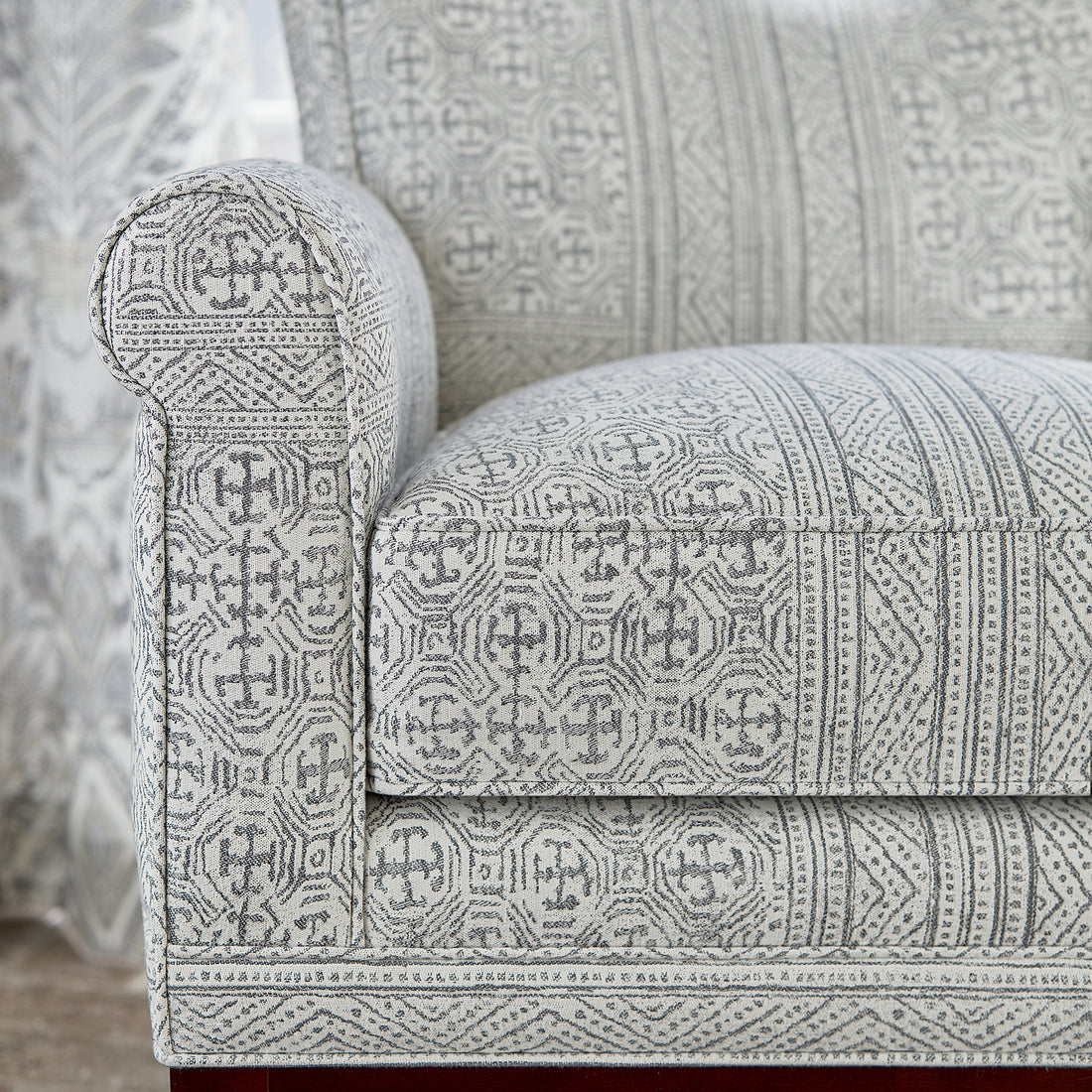 Detail view of Winston Chair in Montecito woven fabric in Charcoal - pattern number AW78720 - by Anna FrenchWinston Chair in Montecito woven fabric in Charcoal - pattern number AW78720 - by Anna French